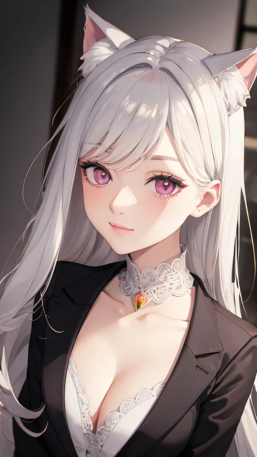 masterpiece,highest quality,Highly detailed face,fine grain,Sparkling eyes,Highlighted eyes,Center of chest,pretty girl,smile,Cat ear, business suits,Beautiful silver hair,Pink inside,Beautiful pink eyes,Hydrangea,looking back 
