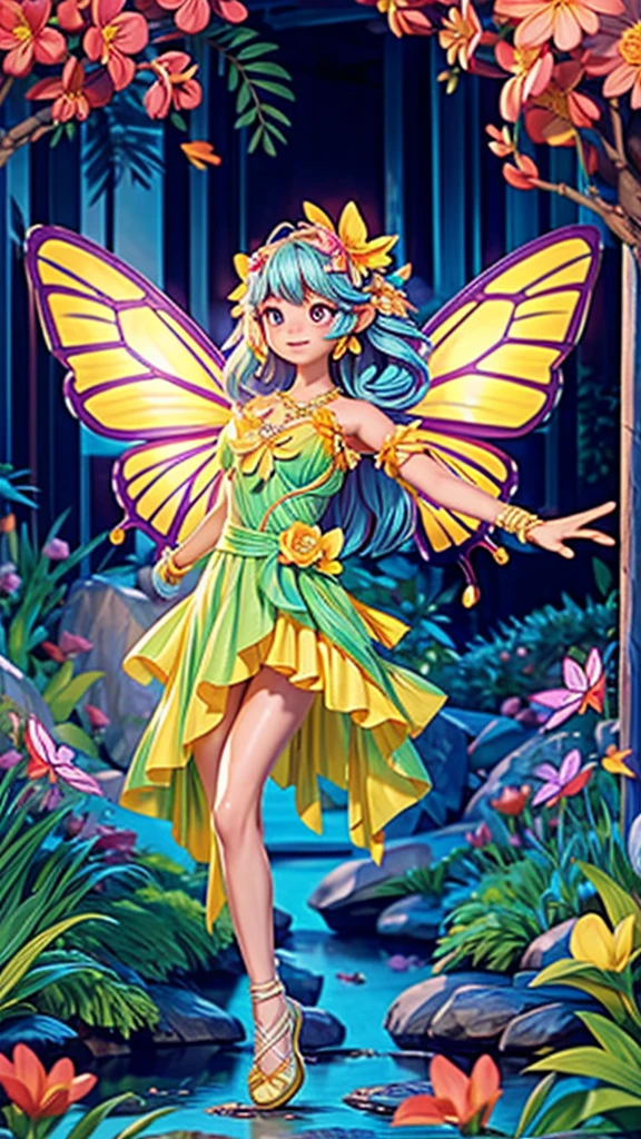 a beautiful butterfly girl, ethereal fairy wings, flowing dress, dancing through a vibrant flower field, by a serene stream, dazzling summer sunlight, detailed intricate features, photorealistic, 8k, high resolution, masterpiece, fantasy, magical, dreamlike