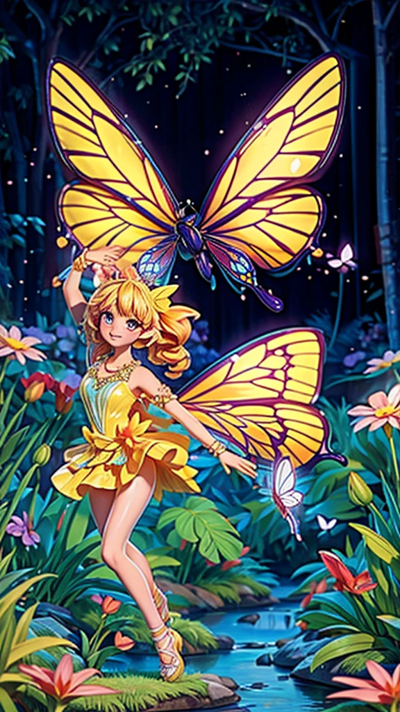 a beautiful butterfly girl, ethereal fairy wings, flowing dress, dancing through a vibrant flower field, by a serene stream, dazzling summer sunlight, detailed intricate features, photorealistic, 8k, high resolution, masterpiece, fantasy, magical, dreamlike
