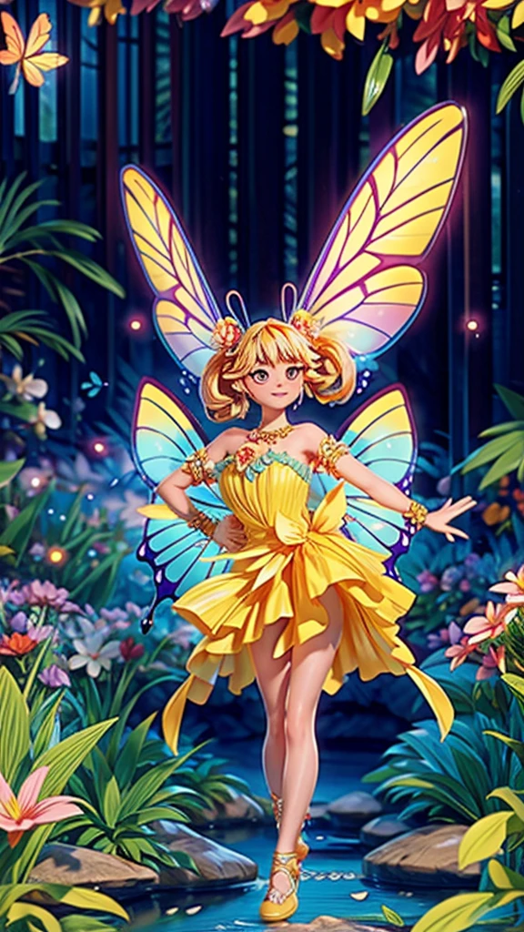 a beautiful butterfly girl, ethereal fairy wings, flowing dress, dancing through a vibrant flower field, by a serene stream, dazzling summer sunlight, detailed intricate features, photorealistic, 8k, high resolution, masterpiece, fantasy, magical, dreamlike