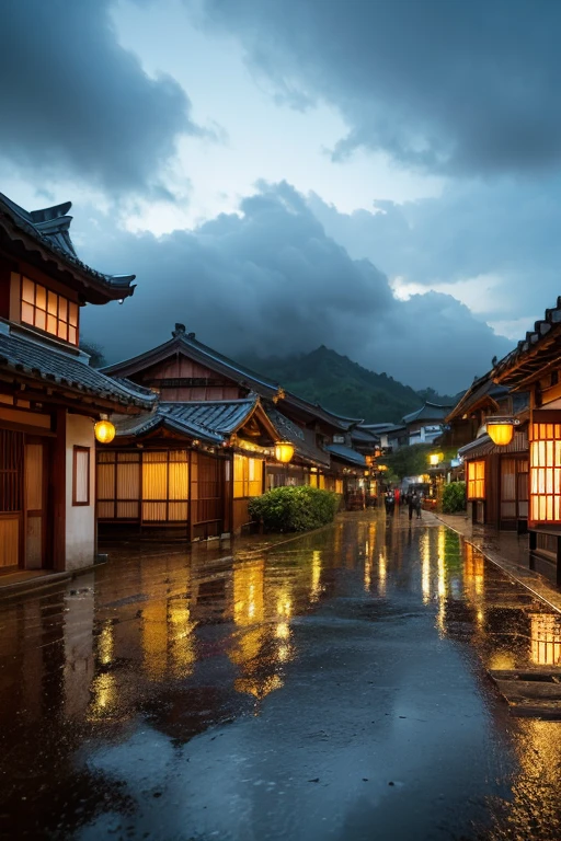 View of the village of Feder，There are many lights on in the building，Dream Chinese Town，china village，Awesome Wallpapers，Japanese Village，小さな町のシュールなphotograph，Old Asian Village，(The distant sky is covered with dark clouds)，Japanese cities，Raymond Han，Rainy night, cyberpunk ancient chinese castle, Bright building, Late Afternoon，in the rain, Beautiful and beautiful, photograph, Light, 8k, High detail ((It rained heavily，Brightly lit，stage)))