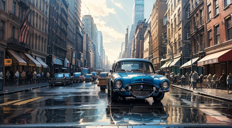 (8K, Best Quality, Masterpiece: 1.2), (Realistic illustration: 1.37), Super Detailed,(top-quality), (ultra-detailliert),High Resolution, BREAK Create a city street scene on a rainy day, the azure sky reflecting in puddles on the asphalt, the buildings tinted with soft blue hues.Elegant, vintage cars cruise along the boulevards as the city awakens to a day of jazz and glamour ,(vintage cars:1.5), (in New York:1.3)