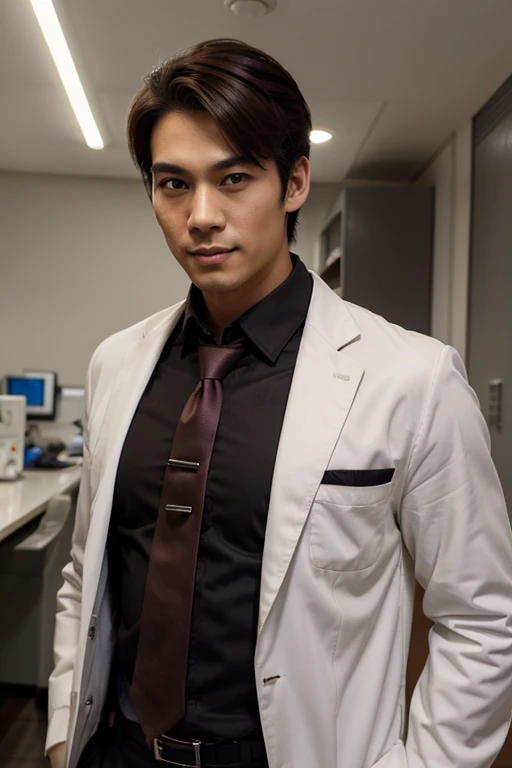 Asian men's, Height 175 cm, large shoulders, perfect figure beautiful woman:1.4, Slim abs:1.1, ((Dark brown hair, )),Large muscular feet, (Draw eye details), Asian male pretty face, perfect face, high-quality, hyper realistic, looking at the camera, kind face, smiling, wearing doctor white coat with formal dark black shirt and ties inside, smart, serious, benevolence, behind is the laboratory