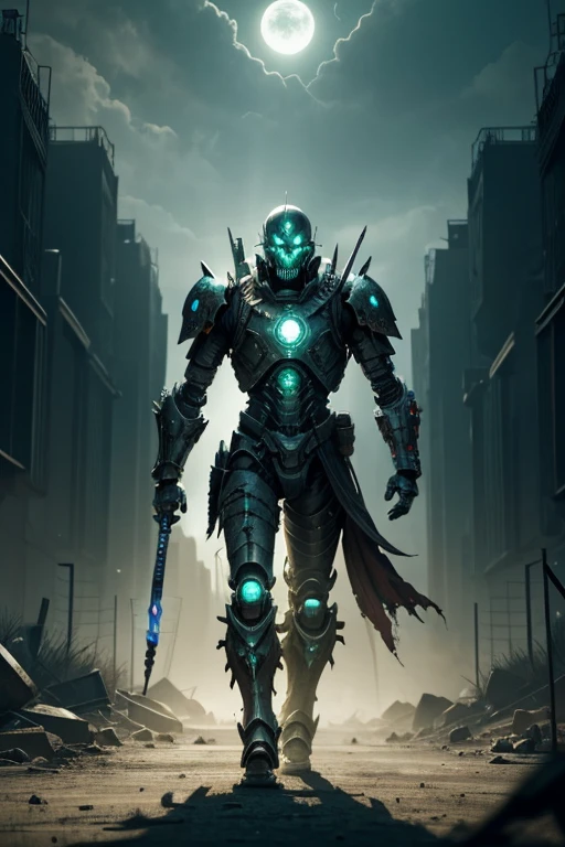A robotic undead warrior is walking ahead, relentless,green energy aura,the end complete, supernatural,highly detailed, 4k resolution, masterpiece,wasteland scenario,digital art