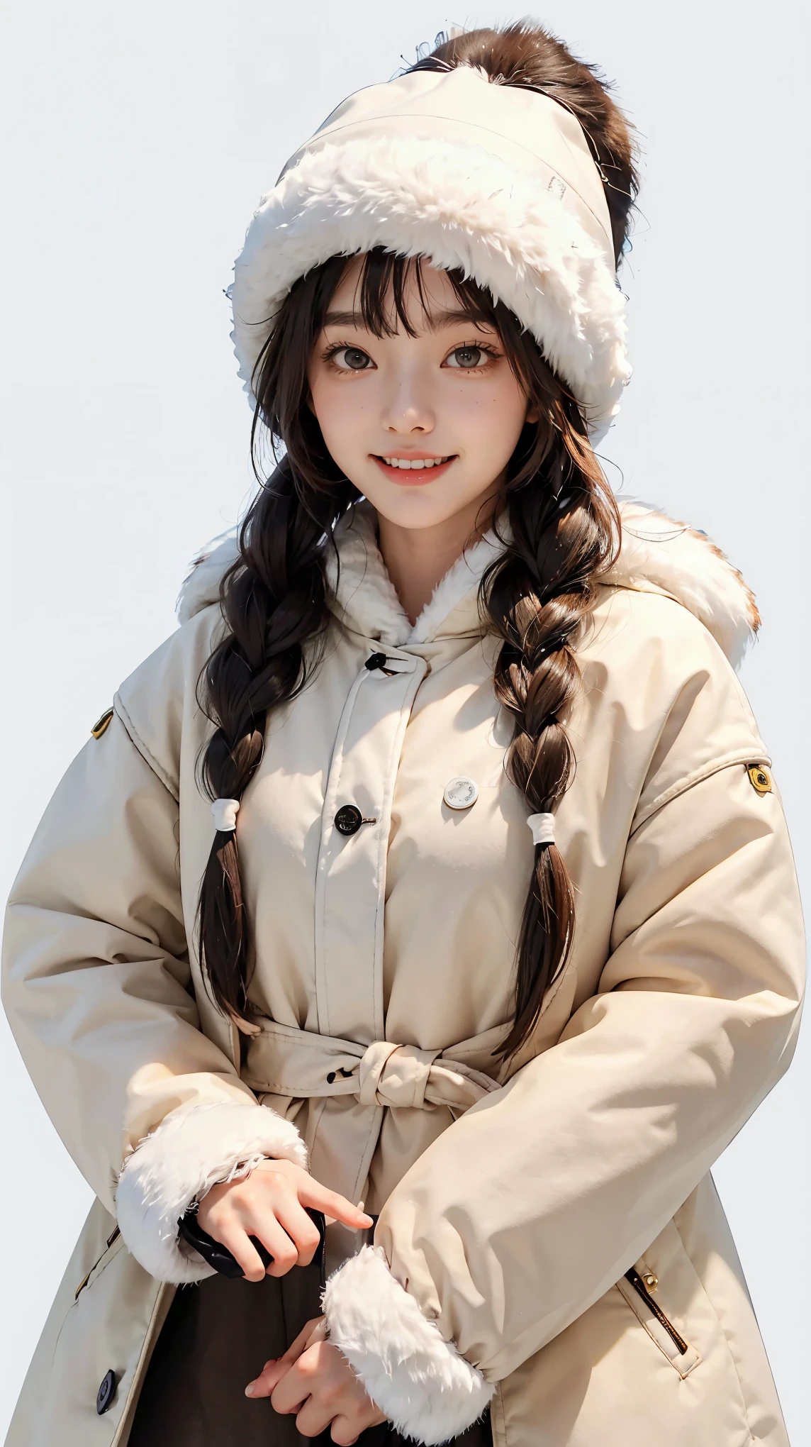 osaki amana, 1girl, hat, gloves, long hair, solo, white background, fur hat, smile, brown hair, looking at viewer, yellow eyes, simple background, fur trim, open mouth, coat, blush, winter clothes, braid, white coat, v, long sleeves, bangs, swept bangs, teeth