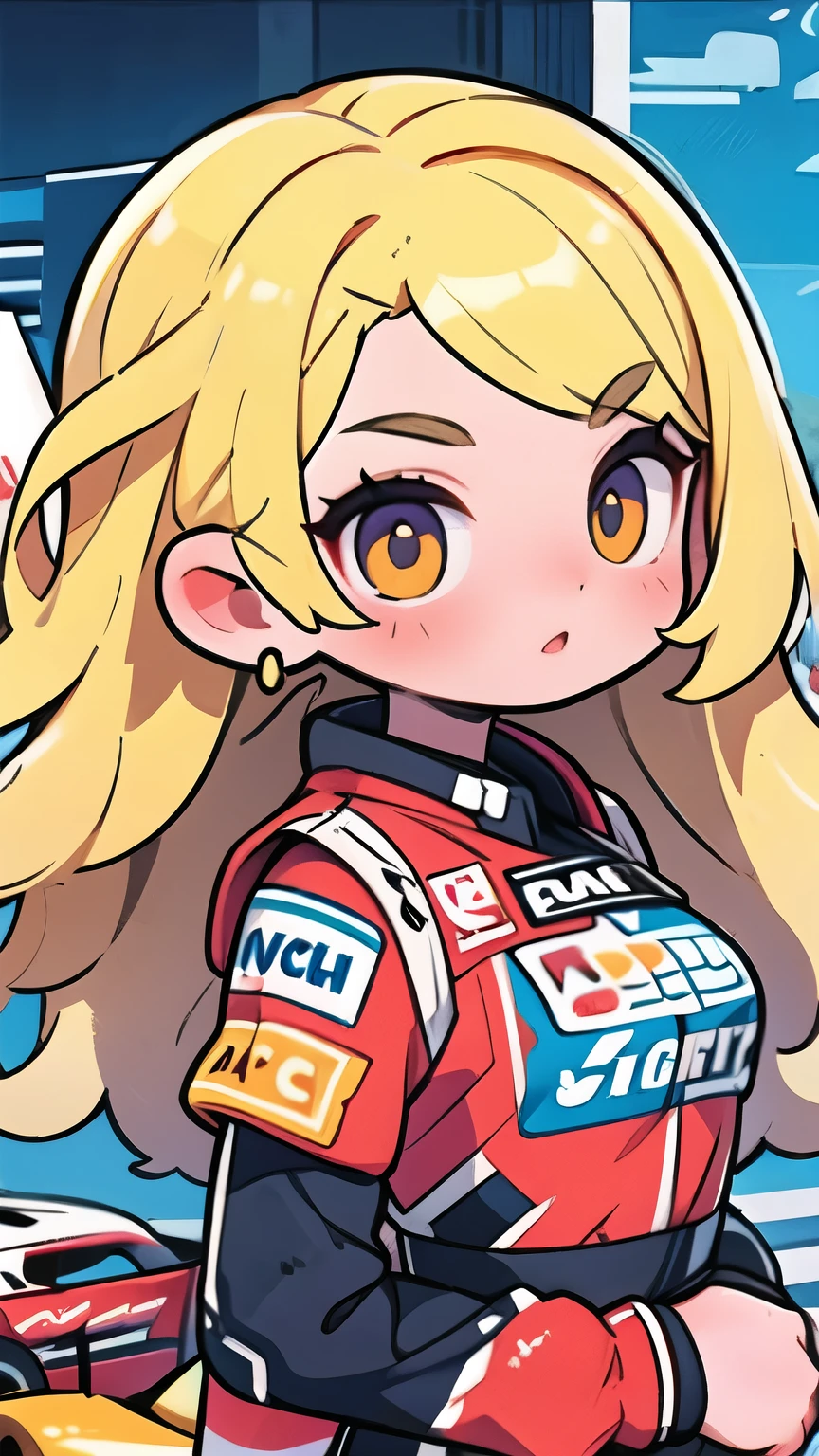 Race queen, photographed in front of a race car, blonde long hair, dynamic movement, detailed beautiful face, slender, curves, detailed skin texture, circuit