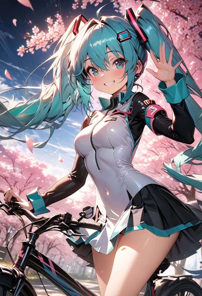 cute Hatsune Miku, cyberuniform, (riding bicycle:1.3), (cherry blossom trees,) Shimokawa embankment, smiling, (A flower waving in the wind A little panty is visible through the skirt:1.3),(side view), best quality, 4k, 8k, highres, masterpiece, ultra-detailed, HDR, UHD, studio lighting, ultra-fine painting, sharp focus, physically-based rendering, extreme detail description, professional, vivid colors, bokeh