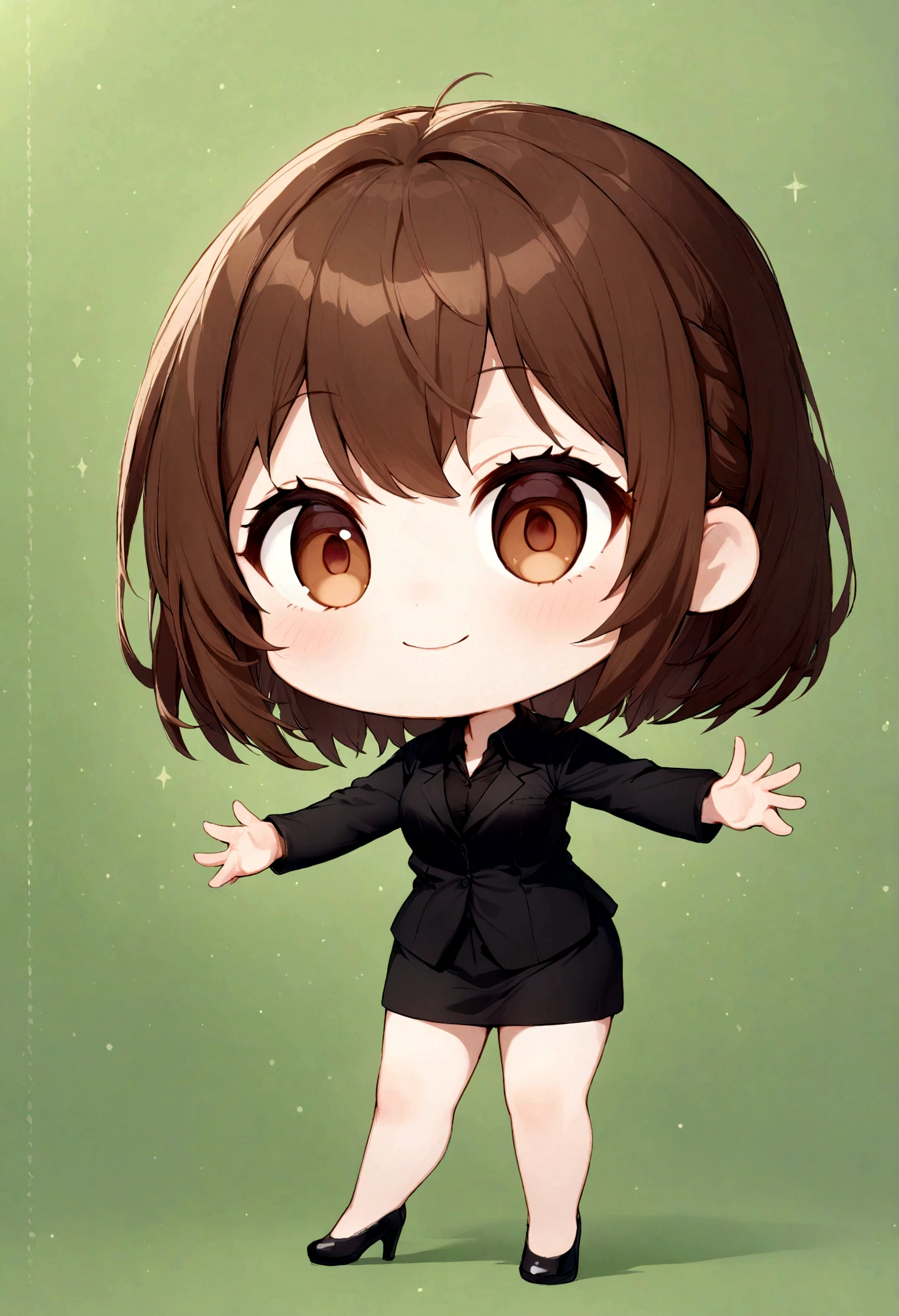 Hands outstretched to the left, Office lady, {{{ shortcut hair }}}, black stoking, smile, 1girl, black polo shirt, shortcut hait, high heels for women, black mini skirt, chibi, green background, staning, brown hair, full body, brown eyes