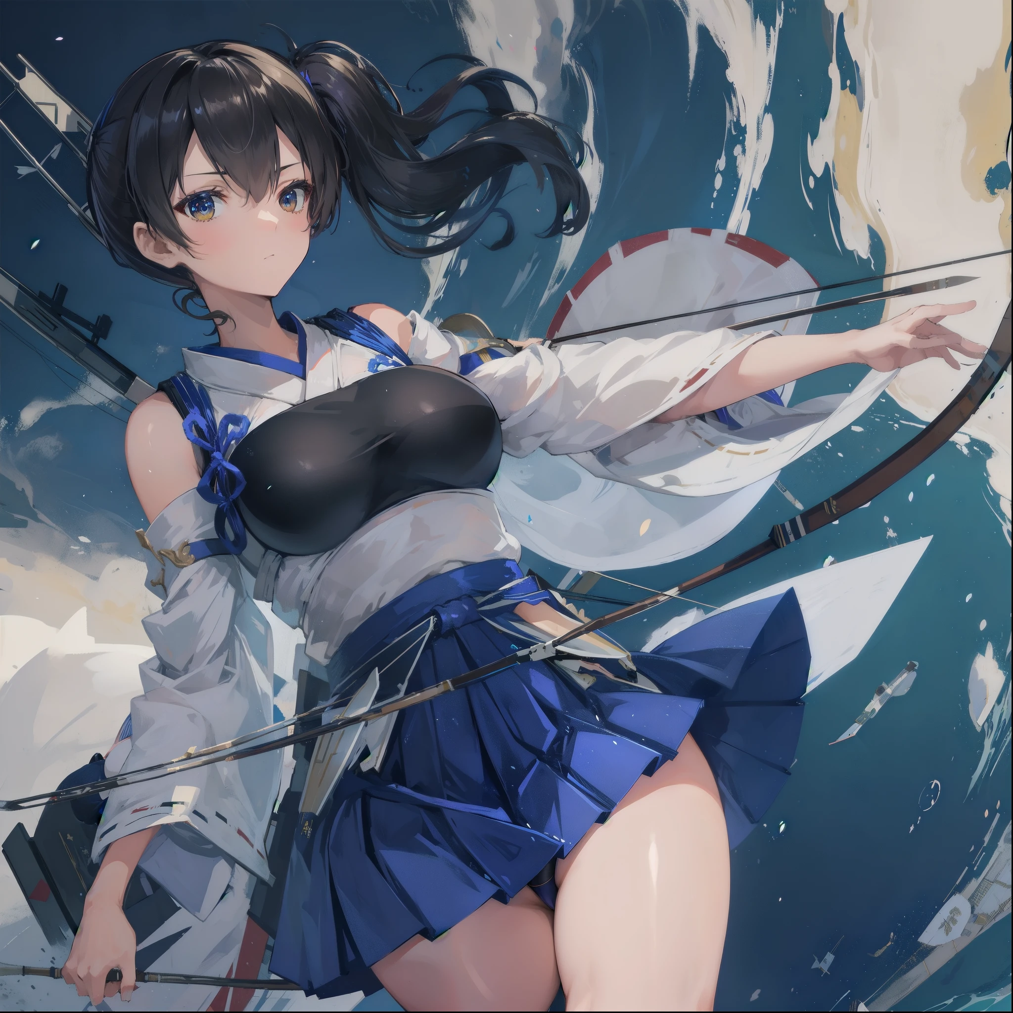 Kaga(Fleet Collection),highest quality, masterpiece, High resolution,kimono,blue skirt,side ponytail,big_breasts,solo,Japanese_bow&arrow,dynamic_posing,