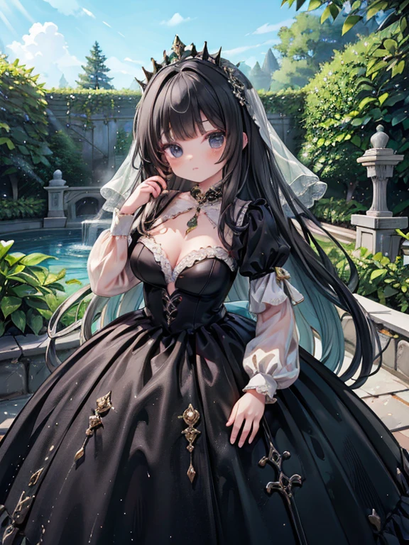 masterpiece, highest quality, Very detailed, 16k, Ultra-high resolution, Cowboy Shot, Detailed face, Perfect Fingers, One female, aged 14, black eye, Black Hair, Long Hair, royal palace, garden, wedding princess dress, Dress in black tones