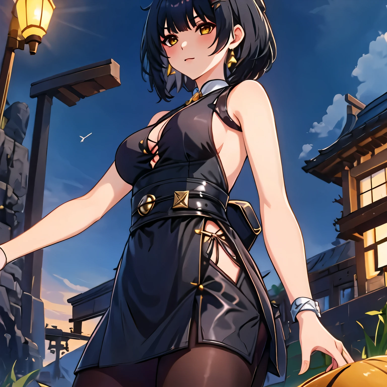 (obra maestra, mejor calidad:1.2), 1 chica, solo, junkotvv, con la ropa del personaje de videojuegos (Yinlin Wuthering Waves) pelo negro, orejas de gato, ojos rojos, ropa tipo asiatico colo negro con una badana en la cabeza dorada