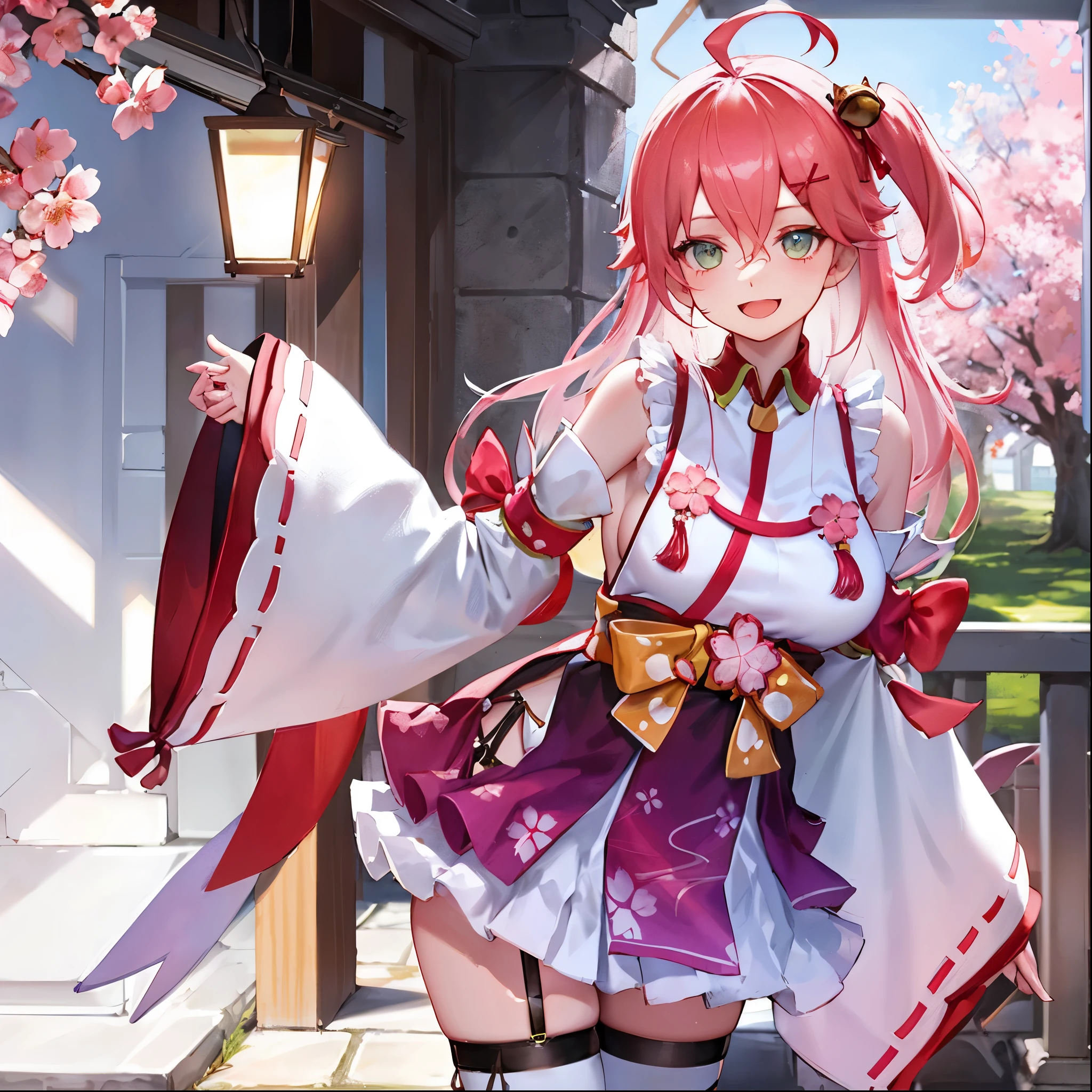 masterpiece, best quality, highres, miko1, sakura_miko, 1girl, big_boobs, solo, ahoge, x_hair_ornament, pink_hair, floral print, hairclip,(side_less_clothes:1.5), (side_boobs:1.5), hair_bell, floral print, long_hair, hair between eyes, one side up, white thighhighs, asymmetrical legwear, wide sleeves, open_mouth,(happy:1.3),gleen_eyes,big_smile,(rise_leg:1.3),plump,apart_legs,(overly_long_sleeves:1.3),),sleeves_past_wrists,hands_hidden_sleeves,sidelock_clothes,dynamic_posing,solo,hidden_wrists,(XD:1.4),covered_nipples,sunlight,cherryblossom_background,