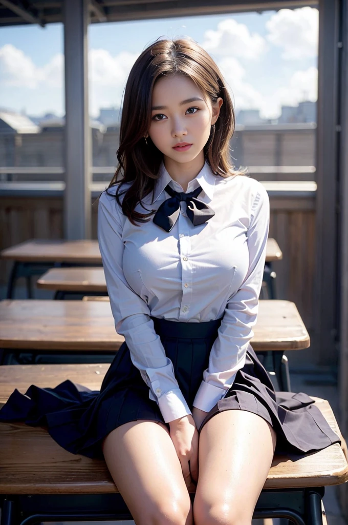 highest quality, masterpiece, High definition, 16K quality, beautiful , Light brown medium hair, 明るい茶色のbeautiful目, uniform, White blouse, Navy Skirt、White panties showing through, Plump and large breasts, Large breasts sagging due to gravity, Blushing, She is looking at the camera, A dreamy look, Spread your legs, Morning Classroom, beautiful clouds in madder color、Navy short tie