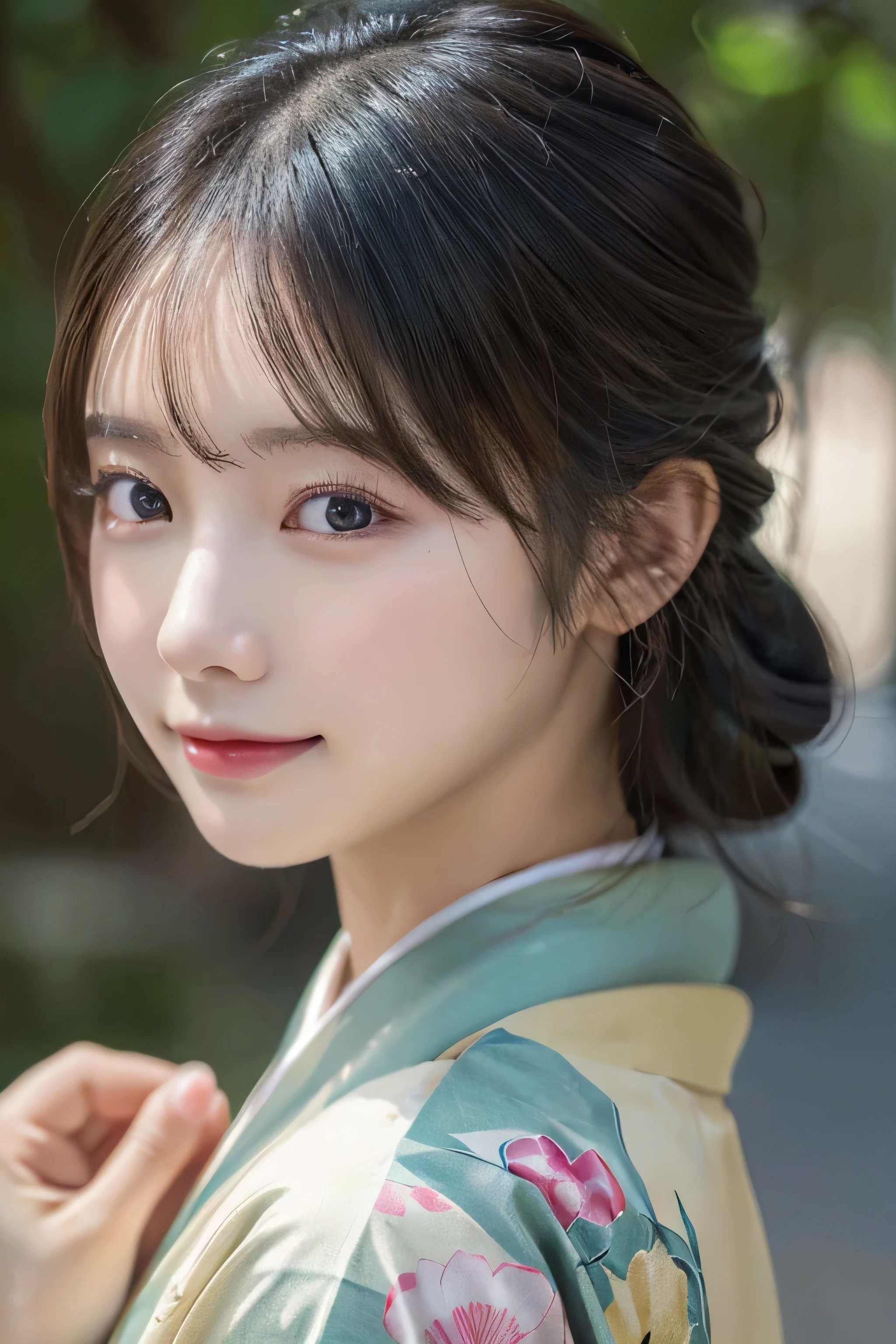 (Kimono)、((35 year old))、randome pose、(top-quality,masterpiece:1.3,超A high resolution,),(ultra-detailliert,Caustics),(Photorealsitic:1.4,RAW shooting,)Ultra-realistic capture,A highly detailed,High resolution 16K human skin closeup、 Skin texture is natural、、The skin looks healthy with an even tone、 Use natural light and color,1 girl,japanes,,kawaii,A dark-haired,Middle hair,,smil,,(depth of fields、chromatic abberation、、Wide range of lighting、Natural Shading、)、