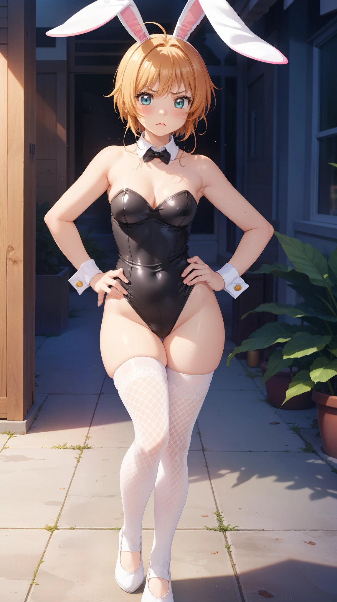 masterpiece, best quality, highres, 1girl, detailed face, blush, anime CG style, (medium breasts), (18 year old girl:1.3), (aged up), good lighting, perfect body, sakura kinomoto, glossy lips, strapless leotard, detached collar, wrist cuffs, (white fishnet tights), bunny ears, (curvy), (hands on hips), annoyed