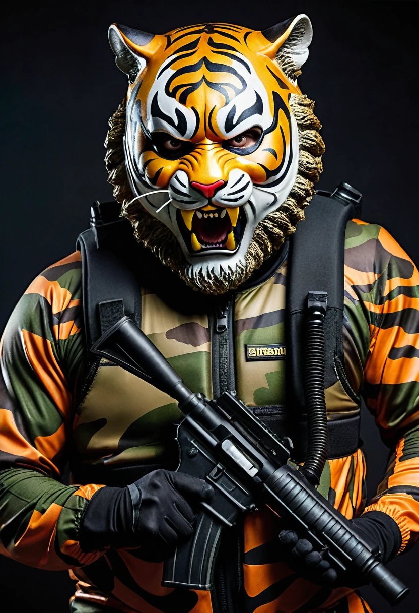 (a dark-skinned bearded fat old man in a bulky camouflage zipper diver suit) holding a gun and (wearing roaring tiger mask that show the wearer eyes), muscular, Basuki Abdullah, sumatraism, action, a character portrait, heroic, fierce, snarling