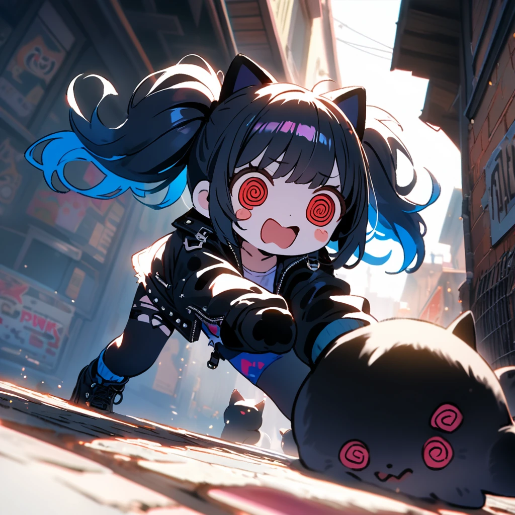 2d,solo,1female\(cute,kawaii,age of 12,(evil smile),floating hair,(black hair:1),(long twin tails hair),pale skin,skin color blue,red eyes,eyes shining,(big eyes),(ripped clothes:1.5),tight tube top,(breast:1.4),tight hot pants,(stomach shown:0.6),(punk fashion:1.4),(ripped black short jacket:1.4),fluffy black cat-ear,(dynamic pose:1.4),(cute pose),better hands,Perfect Hands,full body,(bright  white @_@:1.8)\), BREAK ,background\(outside,noisy city,backstreet,narrow street,neon lights\),[chibi:1.4],[nsfw:2.0],quality\(8k,wallpaper of extremely detailed CG unit, ​masterpiece,hight resolution,top-quality,top-quality real texture skin,hyper realisitic,increase the resolution,RAW photos,best qualtiy,highly detailed,the wallpaper/),(close up:1.0),from below,[nsfw:0.8],