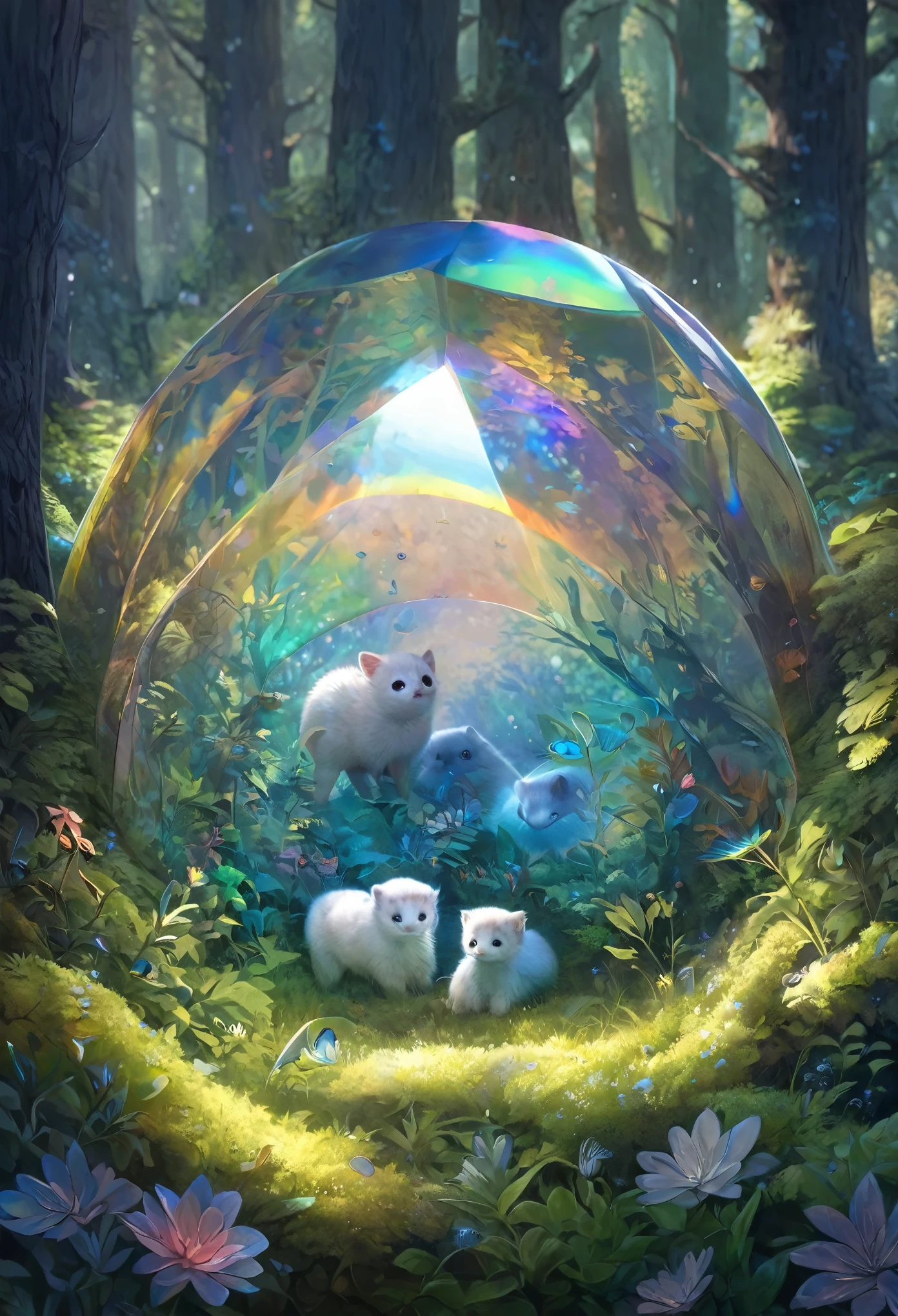 best quality, super fine, 16k, incredibly absurdres, extremely detailed, delicate and dynamic, cute baby animals taking shelter in a transparent and translucent iridescent blue dome, in the open forest