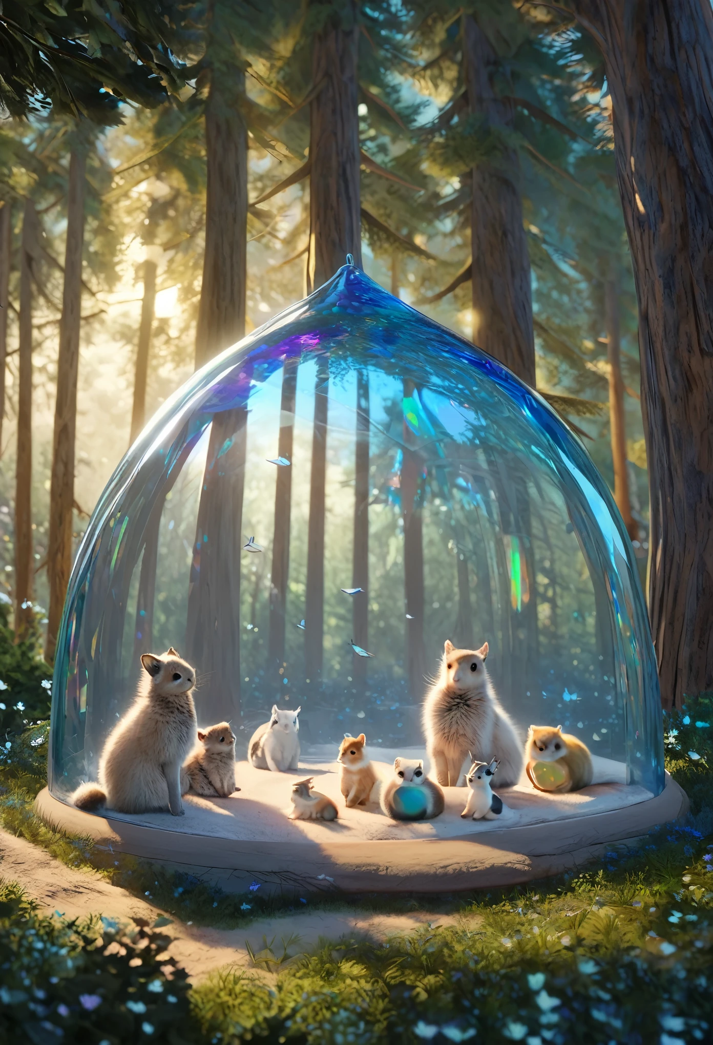 best quality, super fine, 16k, incredibly absurdres, extremely detailed, 2.5D, delicate and dynamic, cute baby animals taking shelter in a transparent and translucent iridescent blue dome, in the open forest