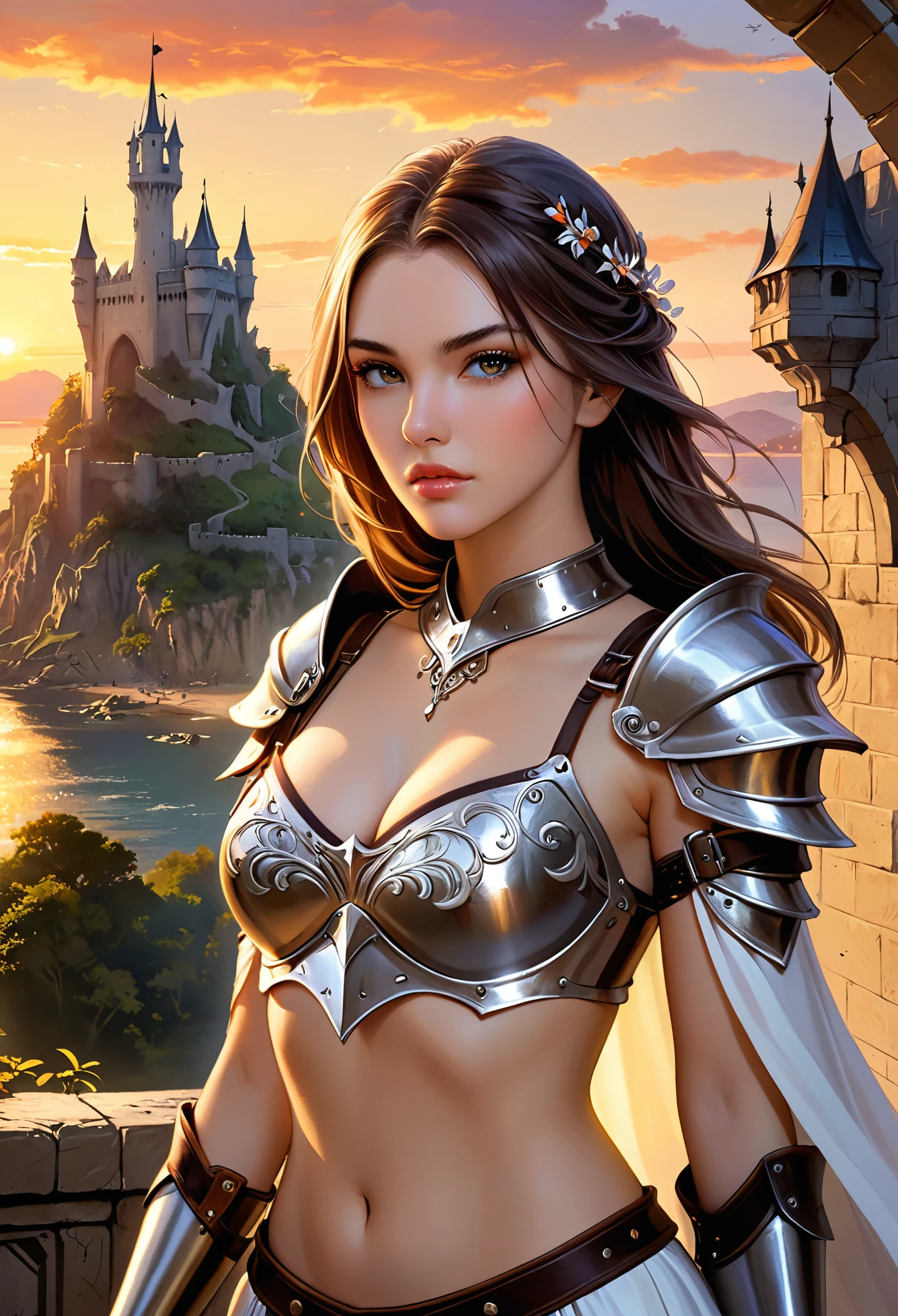 (masterpiece, top quality, best quality, official art, beautiful and aesthetic:1.2),(colorful:1.2),

(1girl:1.2),

beautiful face, pale face, black eyes, a pale warrior princess, woman  shining eyes, serious expression,blade right hand, cleavage, sexy, bikini armor

cape, embroidery,silver_armor, detailed medieval fortress in background, fantasy setting, sunset, sunny day

, fantasy concept art, 