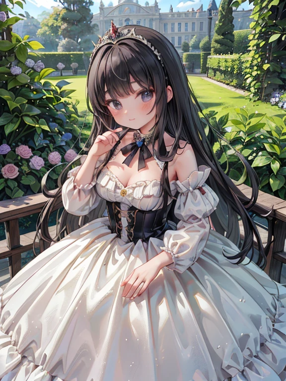 masterpiece, highest quality, Very detailed, 16k, Ultra-high resolution, Cowboy Shot, Detailed face, Perfect Fingers, One female, aged 14, black eye, Black Hair, Long Hair, royal palace, garden, wedding princess dress, Red-themed dress