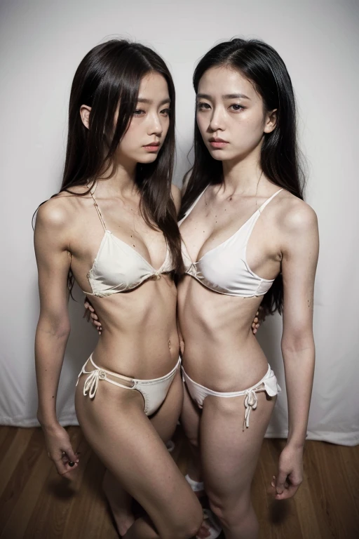 Practical, Two girls looking at each other, long shot, 1 Petite women (permanent) Wearing a bikini, long hair, (Feminine, Weight loss, Sexy, Torn clothes, Sweat), (Medium breasts: 1.5) look down, Dynamic poses, Wearing a vest, Scenes involving two women, Pay attention to height differences, couple, skirt, Anxious expression (Very delicate skin), Delicate face, 8K Ultra HD, soft light, high quality, Full body portrait.