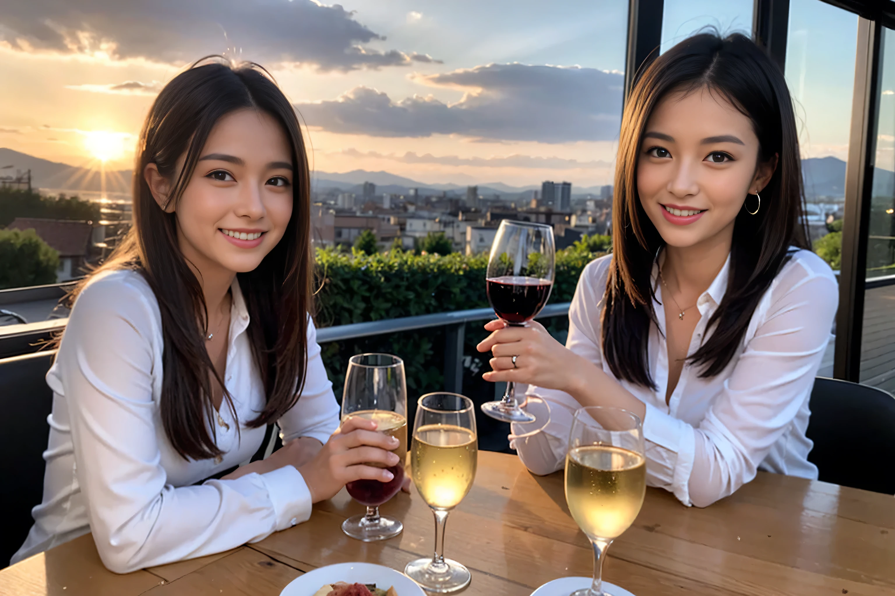 ((Highest quality、8K、masterpiece:1.3))、1 male、1 female、spouse、Beautiful couple、smile、 (Slim face), (the body is スリム), (Brown Hair), (Shortcuts), ((Bob Hale、Straight hair:1.2)), テーブルの上のwine glass、Please shine a light on my face、 Amazing view of the sunset sky and clouds、Amazing mountain views、smileの美しさ、Bright image、Blushing, Shortcuts,Bright Face、42 years old), 39 years old, red wine 、Appetizers、Italian food、Wine bottle、Champagne、sparkling wine、Long sleeve shirt、dress、Attractive beauty、restaurant, Nova Frog Style, actress, model, Upper Body, White wine, red wine, wine glass, 