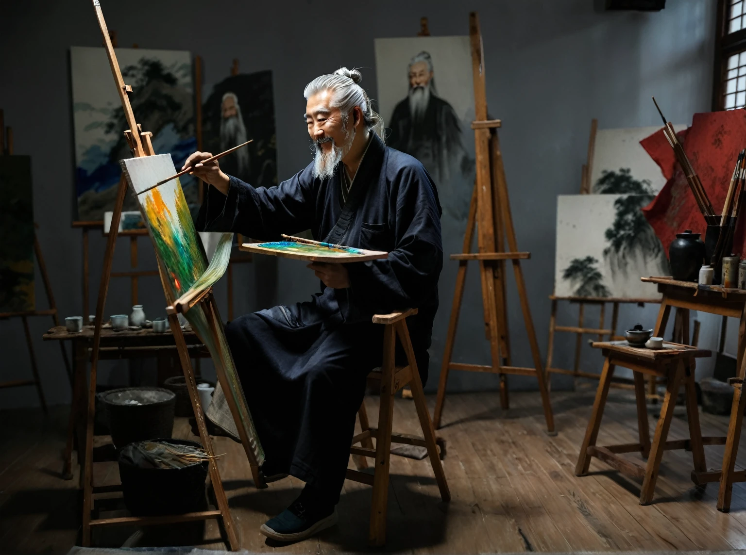 An old Chinese painter,Affable,Silver hair,White hair flowing,White hair flowing到肩,Long beard,Long beard,Chinese men,Chinese male painter,Smiling,engrossed,Painter's studio,Attentively,8k,HD,RAW,