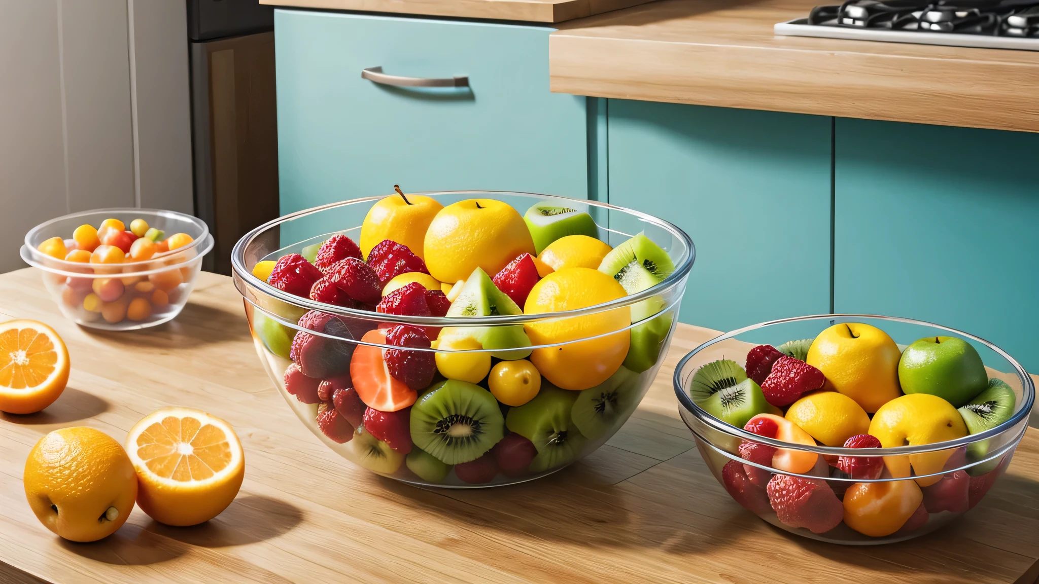 Colorful fruits in the kitchen,In a transparent plastic fresh-keeping bowl,Poster format