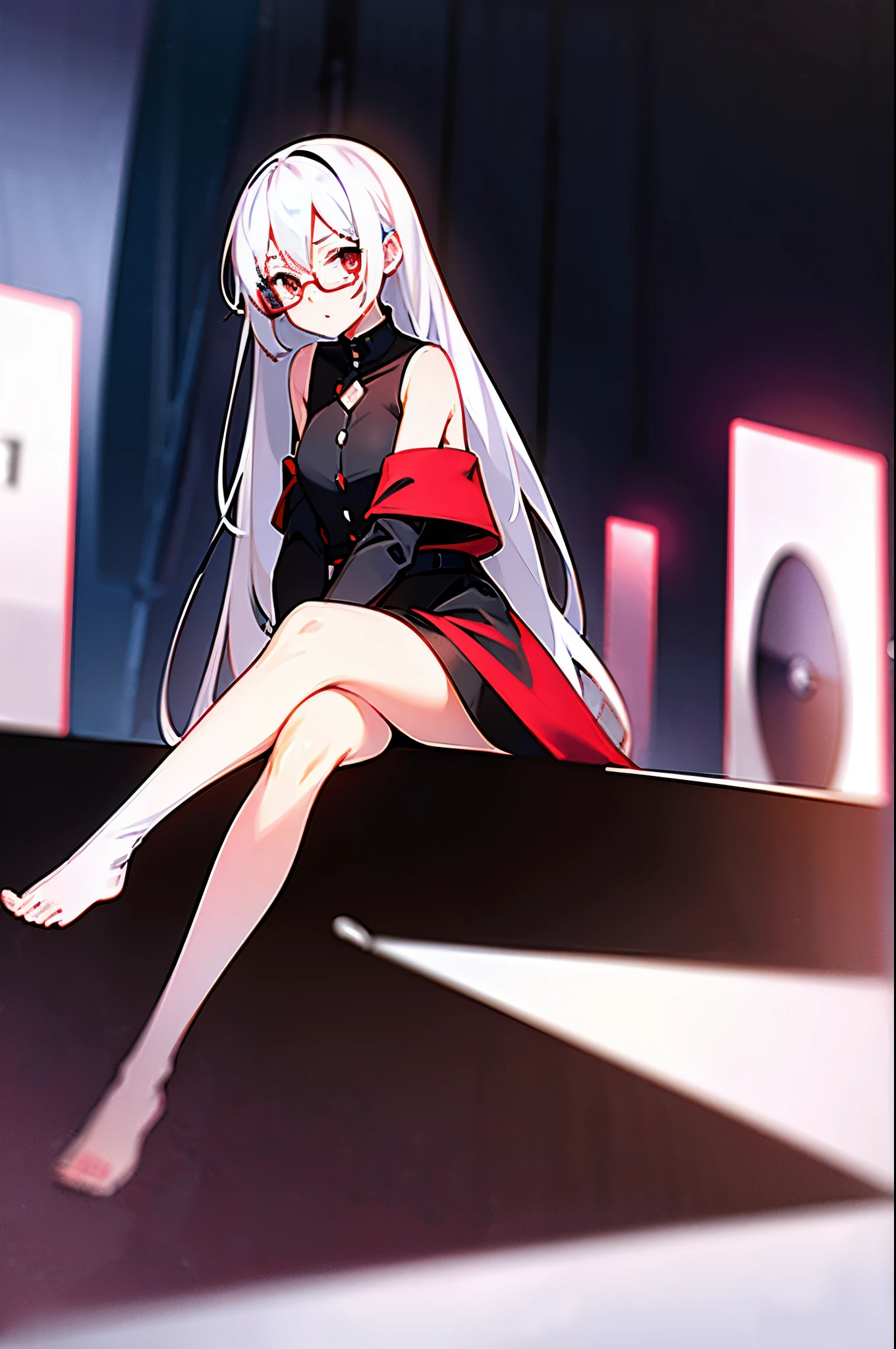young girl, white hair, Ruby red eyes, black dress, open shoulder, black skirt, Wear square-shaped glasses, sitting playing games, nighttime