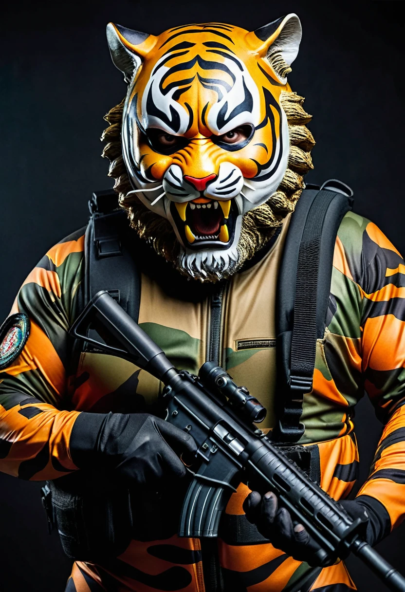 (a dark-skinned bearded fat old man in a bulky camouflage zipper diver suit) holding a gun and (wearing roaring tiger mask that still show his eyes), muscular, Basuki Abdullah, sumatraism, action, a character portrait, heroic, fierce, snarling, best quality