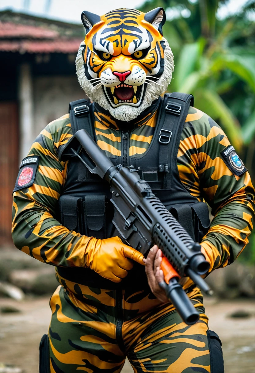 (a dark-skinned bearded fat old man in a bulky camouflage zipper diver suit) holding a gun and (wearing roaring tiger mask that still show his eyes), muscular, Basuki Abdullah, sumatraism, action, a character portrait, heroic, fierce, snarling, best quality