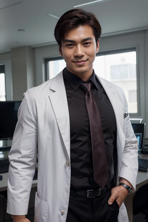 Asian men's, Height 175 cm, large shoulders, perfect figure beautiful woman:1.4, Slim abs:1.1, ((Dark brown hair, )),Large muscular feet, (Draw eye details), Asian male pretty face, perfect face, high-quality, hyper realistic, looking at the camera, kind face, smiling, wearing doctor white coat with formal dark black shirt and ties inside, smart, serious, benevolence, behind is the laboratory(hlaf body potraid:1.3),front view,cute,smile,Superior Quality, Masterpiece, beautiful hand,Ultra High Resolution,(Photorealistic: 1.4),Portrait of a handsome young man wearing,plain background,front view