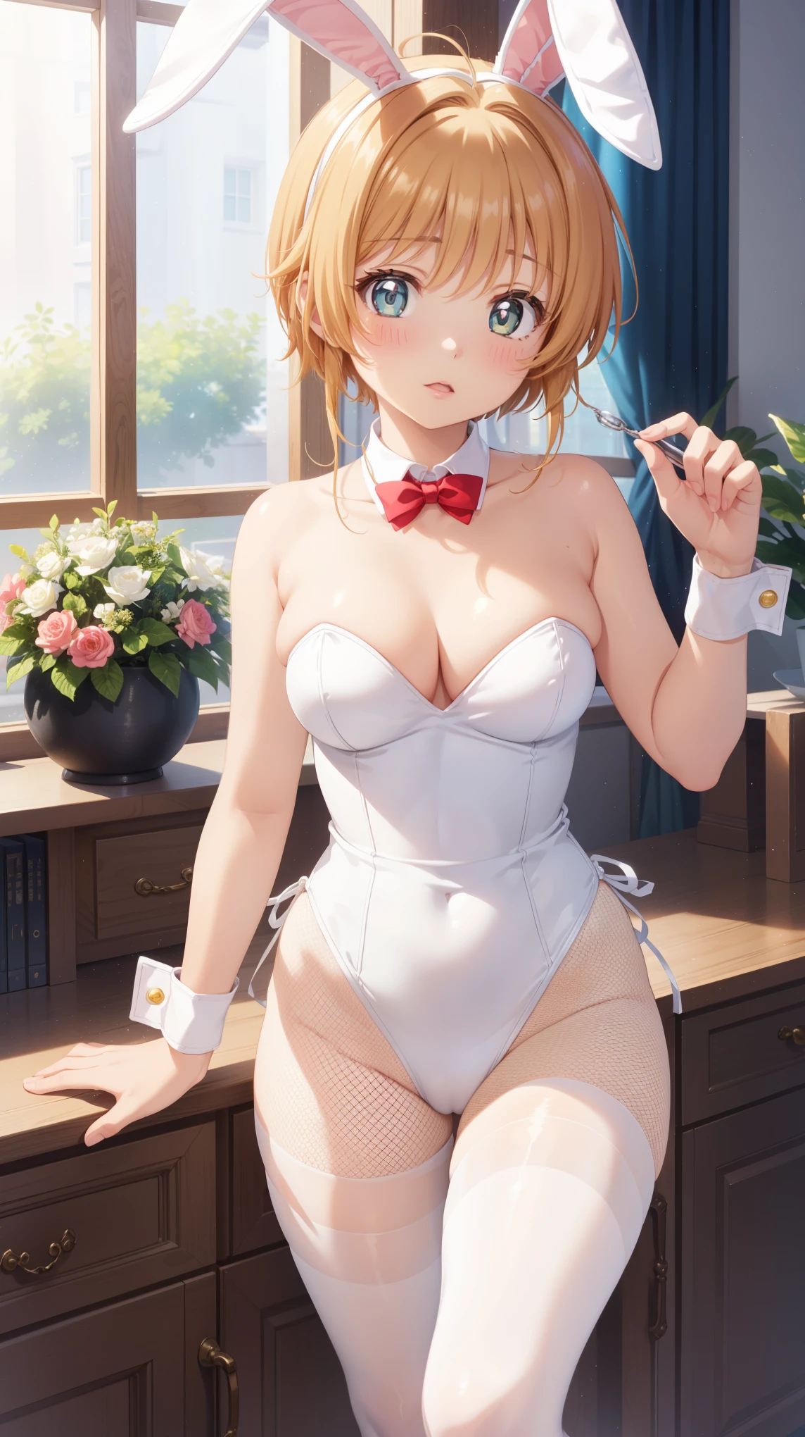 masterpiece, best quality, highres, 1girl, detailed face, blush, anime CG style, (medium breasts), (18 year old girl:1.3), (aged up), good lighting, perfect body, sakura kinomoto, glossy lips, strapless leotard, detached collar, wrist cuffs, (white fishnet tights), bunny ears, (curvy), confused