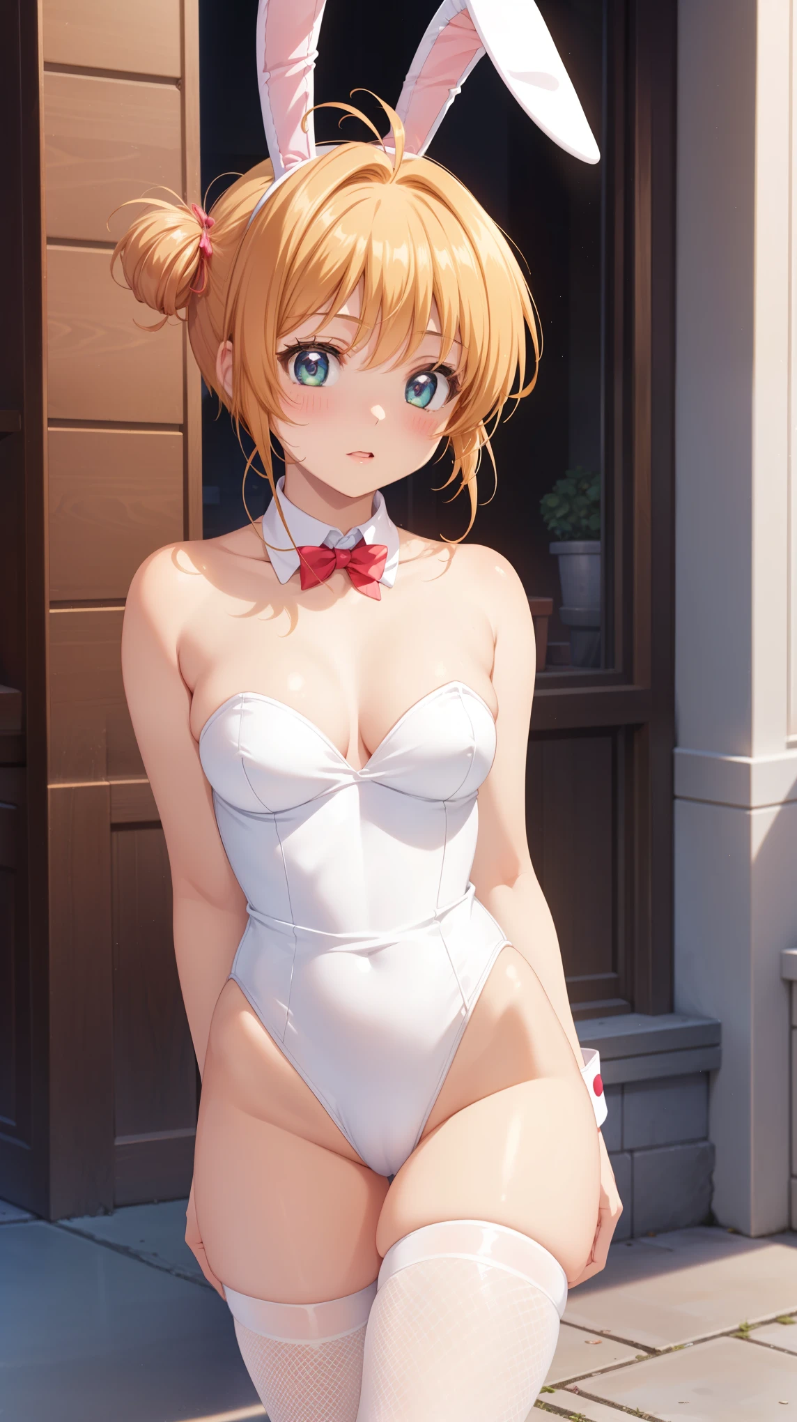 masterpiece, best quality, highres, 1girl, detailed face, blush, anime CG style, (medium breasts), (18 year old girl:1.3), (aged up), good lighting, perfect body, sakura kinomoto, glossy lips, strapless leotard, detached collar, wrist cuffs, (white fishnet tights), bunny ears, (curvy), confused