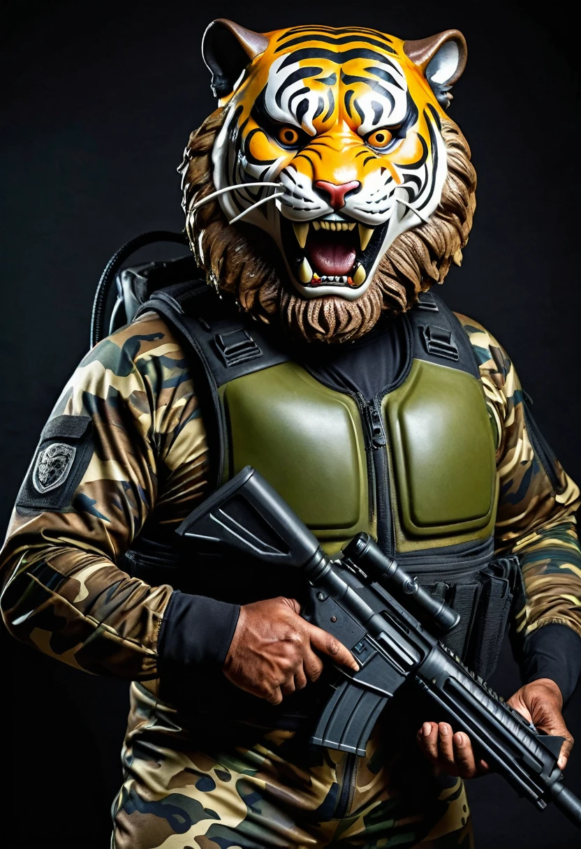 (a dark-skinned bearded fat old man in a bulky camouflage zipper diver suit) holding a gun and (wearing roaring tiger mask that still show his eyes), muscular, Basuki Abdullah, sumatraism, action, a character portrait, heroic, fierce, snarling, best quality
