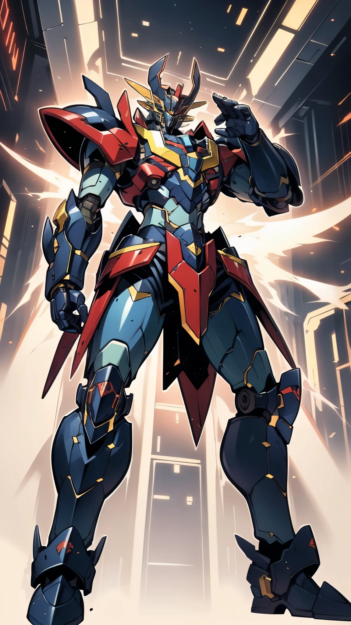 Humanoid Mecha, fully enclosed shoulder guards, matching arm and leg guards, full body, full armor, super robot, the design balances heavy with agility, (the color scheme is primarily white with red and blue accents, the concept Inspired by Mazinger Z, ruby chest armor, pose, standing, floating high above the futuristic sci-fi city), exquisite and mature art style, (aura effect, energy, glowing eyes, the armor glows), ((SRS)), metallic, dramatic, high definition, best quality, highres, ultra-detailed, ultra-fine painting, extremely delicate, professional, perfect body proportions, anatomically correct, symmetrical face, extremely detailed eyes and face, high quality eyes, creativity, RAW photo, UHD, 32k, Natural light, cinematic lighting, masterpiece-anatomy-perfect, masterpiece:1.5
