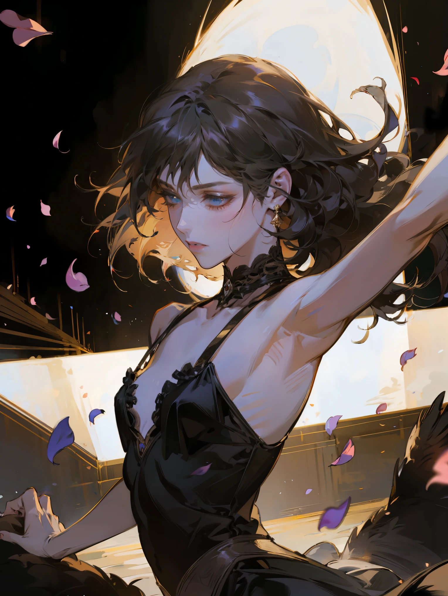 Girl ballerina black swan. Tragic scene, dynamic pose, stage lighting, flower petals in the air, absurdity