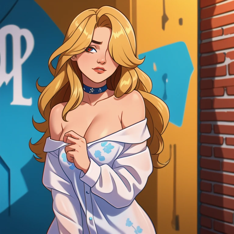 ultra realistic 8k cg, masterpiece, ((ultra detailed background, delicate pattern, intricate detail)), best quality, intricate details, chromatic aberration, 1girl, long hair, golden hair, messy hair, red highlights, hair over one eye, sharp eyes, choker, brick wall, graffiti, dim lighting, alley, oversized shirt,off shoulder, see through white shirt, Masterpiece, best quality