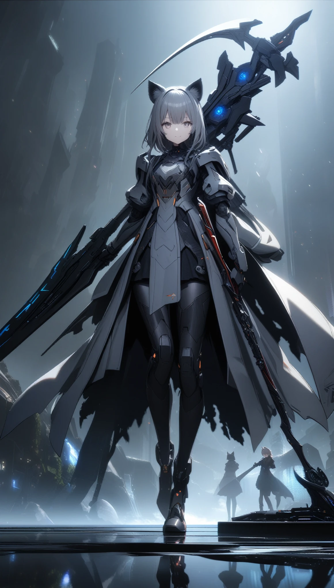 32k, best quality, ultra high res, HDR, UHD, extremely detailed CG, unity 32k wallpaper, A dark, futuristic, silhouetted figure of a girl with cat ears and a long, flowing coat, holding a massive scythe with a mechanical cat integrated into the blade, standing on a reflective surface with a minimalist, light gray background. --ar 4:3 --stylize 600 --niji 6,