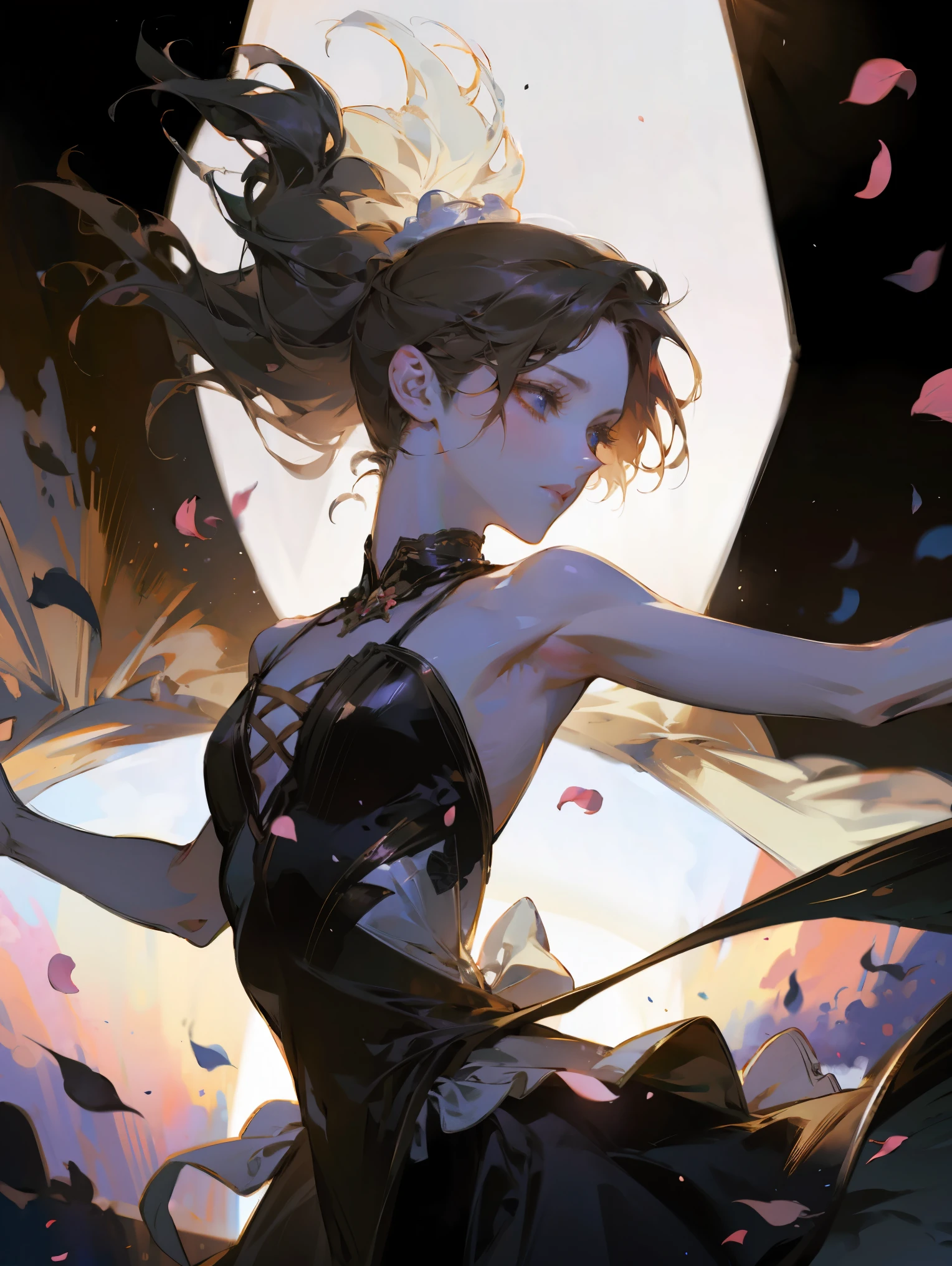 Girl ballerina black swan. Tragic scene, dynamic pose, stage lighting, flower petals in the air, absurdity