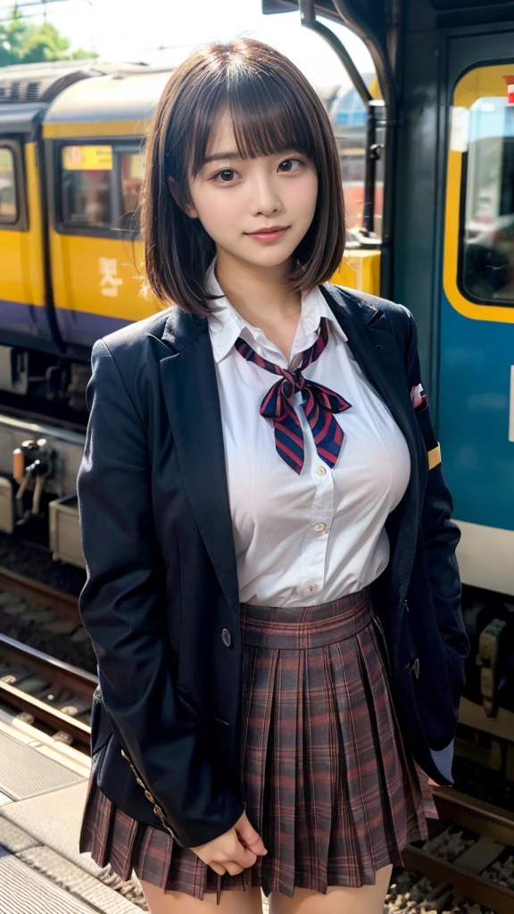 (masterpiece:1.2, highest quality), bokeh, 1 high school girl, 
(Japanese idle:1.6), Plump breast, Blushed face, short bob hair, Looking at the viewer, standing at the train railway, high school uniform:1.6), sundown, Close up, large breasts, Don't expose it
