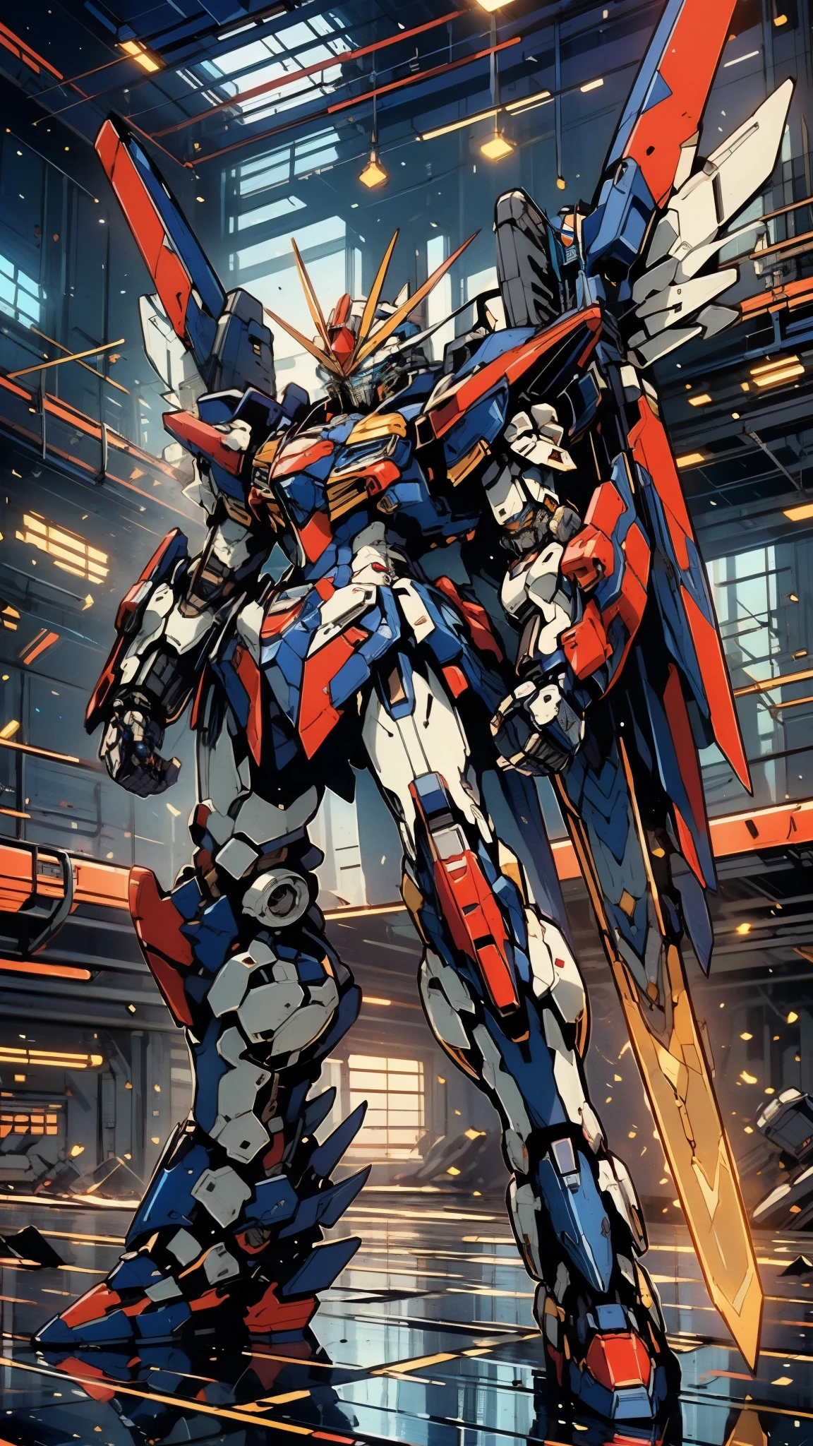 Humanoid Mecha, fully enclosed shoulder guards, matching arm and leg guards, full body, full armor, super robot, the design balances heavy with agility, (the color scheme is primarily white with red and blue accents, the concept Inspired by super robot, composite layered chest armor, pose, standing, floating high above the futuristic sci-fi city), exquisite and mature art style, (aura effect, energy, glowing eyes, the armor glows), ((SRS)), metallic, dramatic, high definition, best quality, highres, ultra-detailed, ultra-fine painting, extremely delicate, professional, perfect body proportions, anatomically correct, symmetrical face, extremely detailed eyes and face, high quality eyes, creativity, RAW photo, UHD, 32k, Natural light, cinematic lighting, masterpiece-anatomy-perfect, masterpiece:1.5
