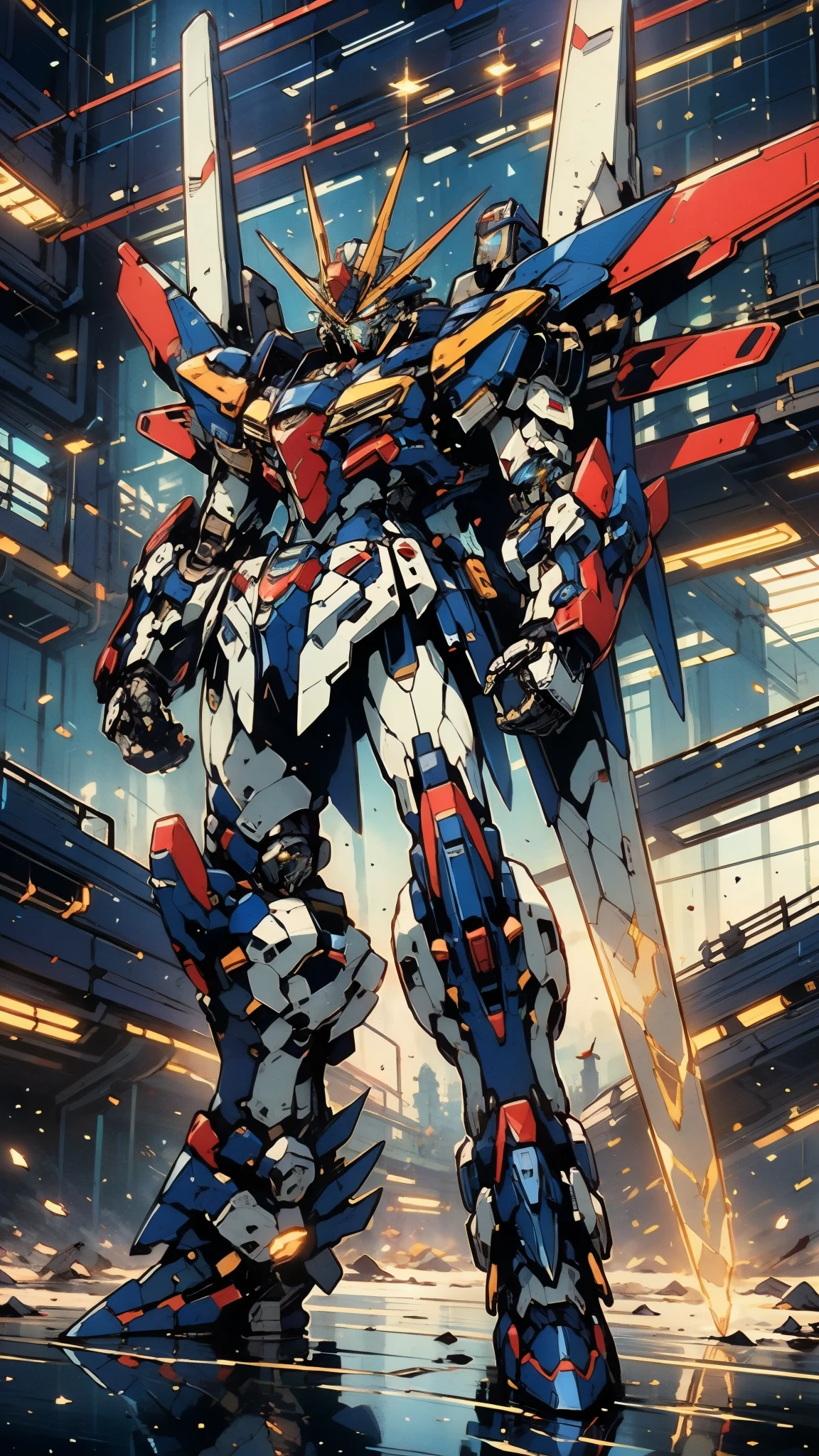 Humanoid Mecha, fully enclosed shoulder guards, matching arm and leg guards, full body, full armor, super robot, the design balances heavy with agility, (the color scheme is primarily white with red and blue accents, the concept Inspired by super robot, composite layered chest armor, pose, standing, floating high above the futuristic sci-fi city), exquisite and mature art style, (aura effect, energy, glowing eyes, the armor glows), ((SRS)), metallic, dramatic, high definition, best quality, highres, ultra-detailed, ultra-fine painting, extremely delicate, professional, perfect body proportions, anatomically correct, symmetrical face, extremely detailed eyes and face, high quality eyes, creativity, RAW photo, UHD, 32k, Natural light, cinematic lighting, masterpiece-anatomy-perfect, masterpiece:1.5