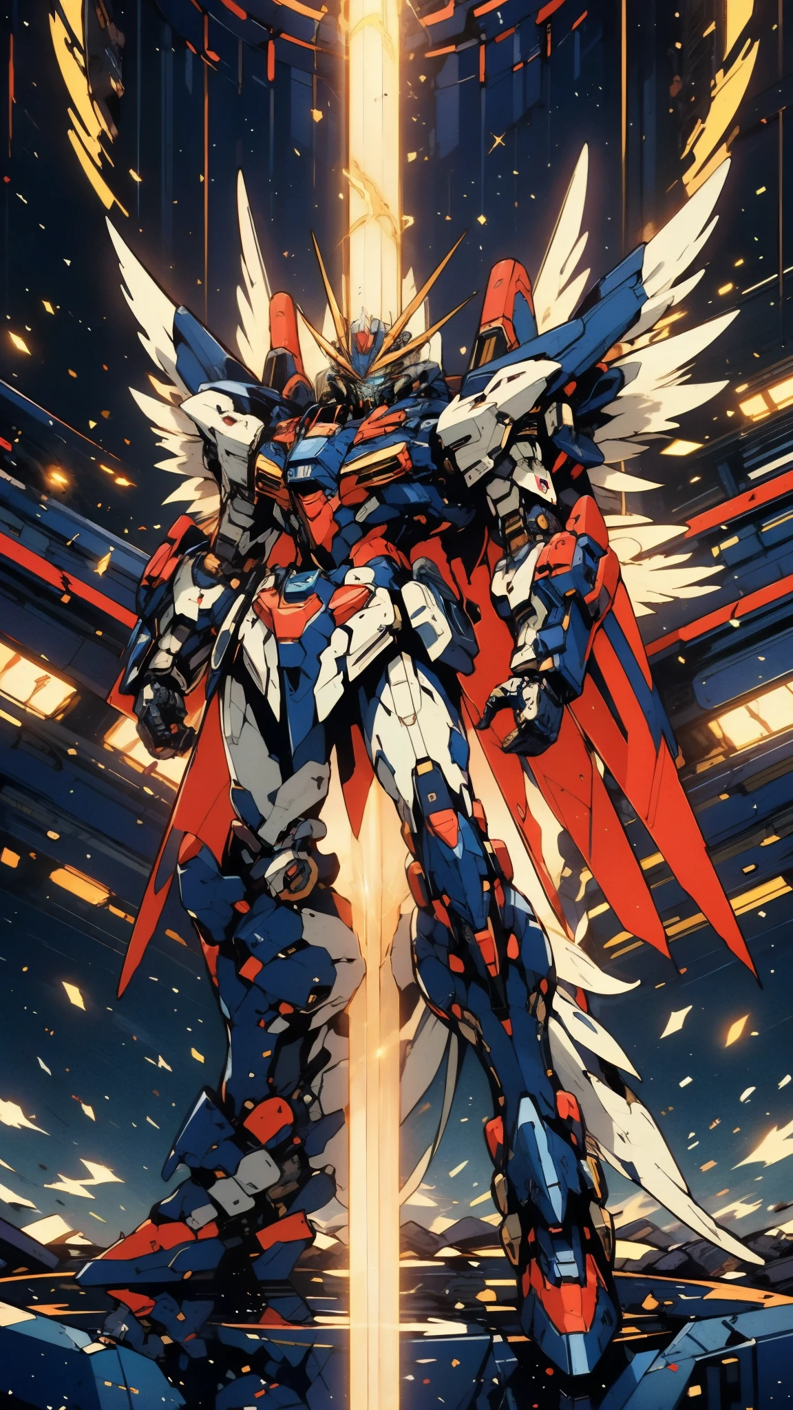 Humanoid Mecha, fully enclosed shoulder guards, matching arm and leg guards, full body, full armor, super robot, the design balances heavy with agility, (the color scheme is primarily white with red and blue accents, the concept Inspired by super robot, composite layered chest armor, pose, standing, floating high above the futuristic sci-fi city), exquisite and mature art style, (aura effect, energy, glowing eyes, the armor glows), ((SRS)), metallic, dramatic, high definition, best quality, highres, ultra-detailed, ultra-fine painting, extremely delicate, professional, perfect body proportions, anatomically correct, symmetrical face, extremely detailed eyes and face, high quality eyes, creativity, RAW photo, UHD, 32k, Natural light, cinematic lighting, masterpiece-anatomy-perfect, masterpiece:1.5