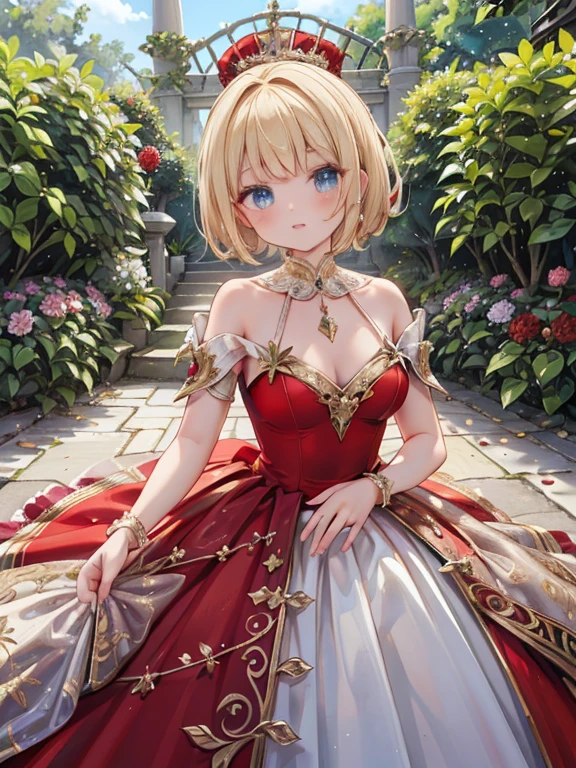 masterpiece, highest quality, Very detailed, 16k, Ultra-high resolution, Cowboy Shot, Detailed face, Perfect Fingers, One female, aged 14, blue eyes, Blonde, short hair, royal palace, garden, (Red Dress:1.5), wedding princess dress