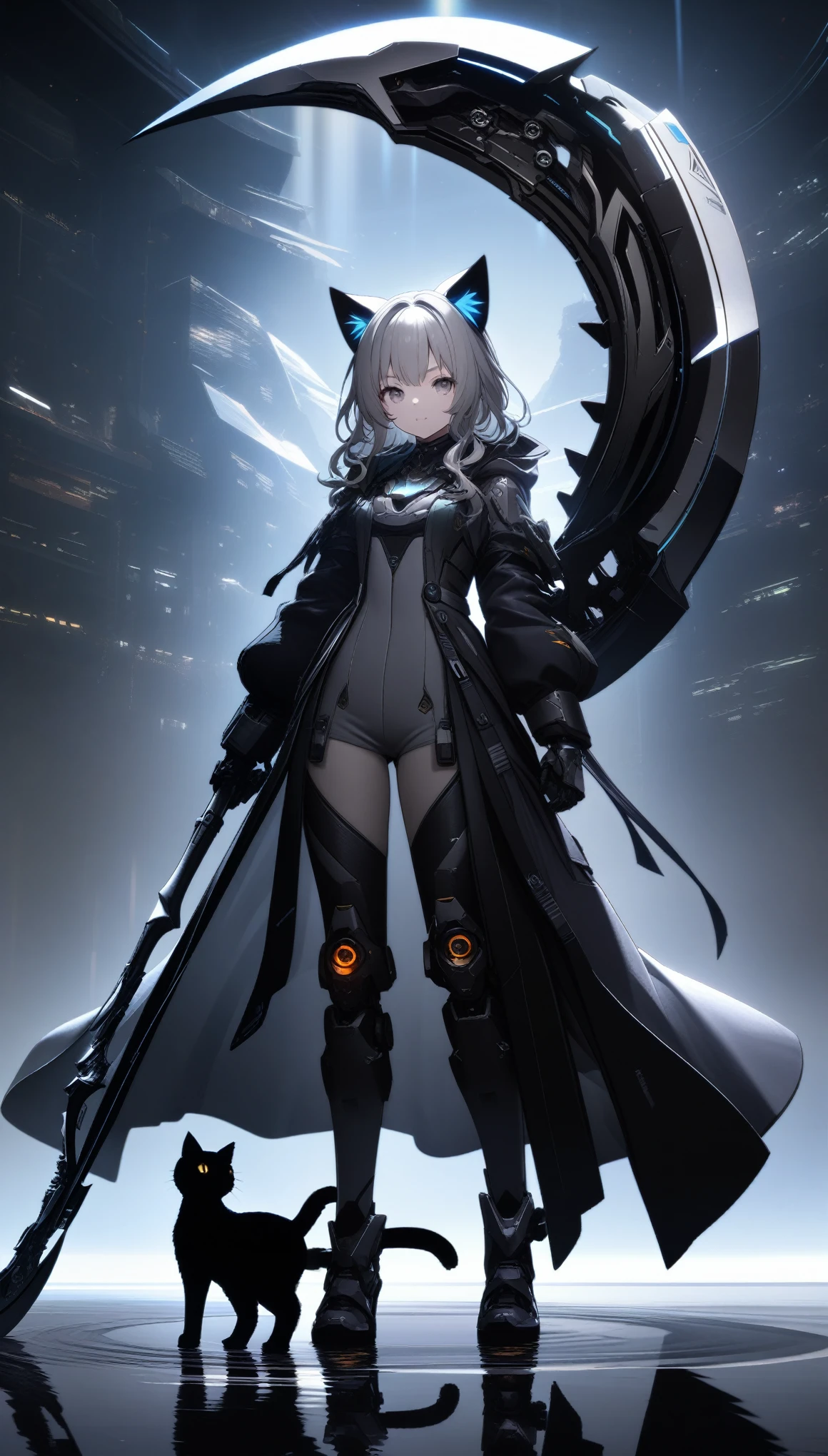 32k, best quality, ultra high res, HDR, UHD, extremely detailed CG, unity 32k wallpaper, A dark, futuristic, silhouetted figure of a girl with cat ears and a long, flowing coat, holding a massive scythe with a mechanical cat integrated into the blade, standing on a reflective surface with a minimalist, light gray background. --ar 4:3 --stylize 600 --niji 6,