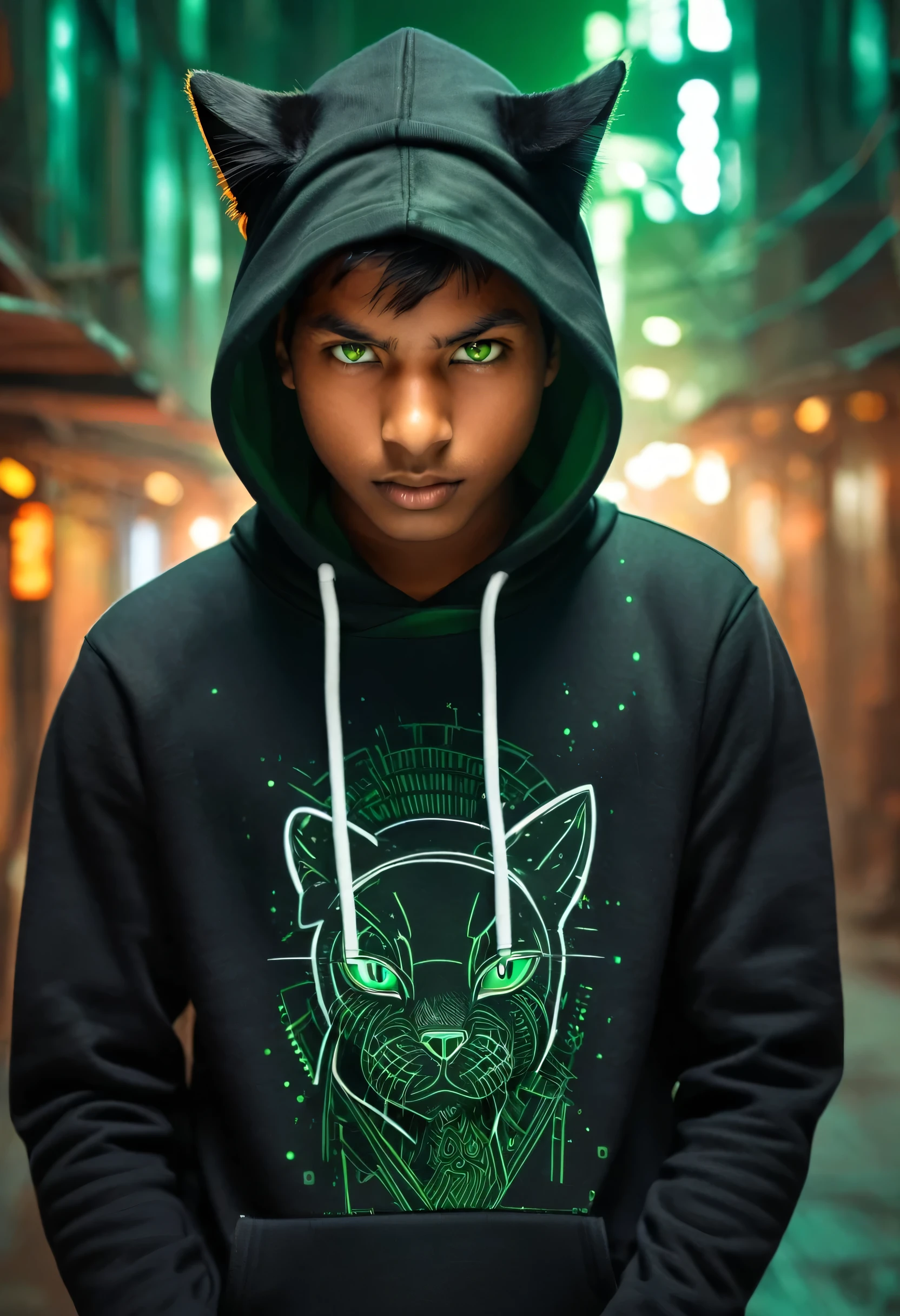 Ai image boys jeheggehrhgehwghsvNtsnstnysabsymsnnstatAn Indian youth, his face fully revealed, stands confidently amidst the cybernetic cityscape. Adorned in a white and black hoodie, he exudes a sense of urban style and intrigue. Soft orange and green lights gently illuminate the scene, accentuating his features and the details of the surroundings. Alongside him, a sleek black cat adds to the enigmatic atmosphere of the night.
