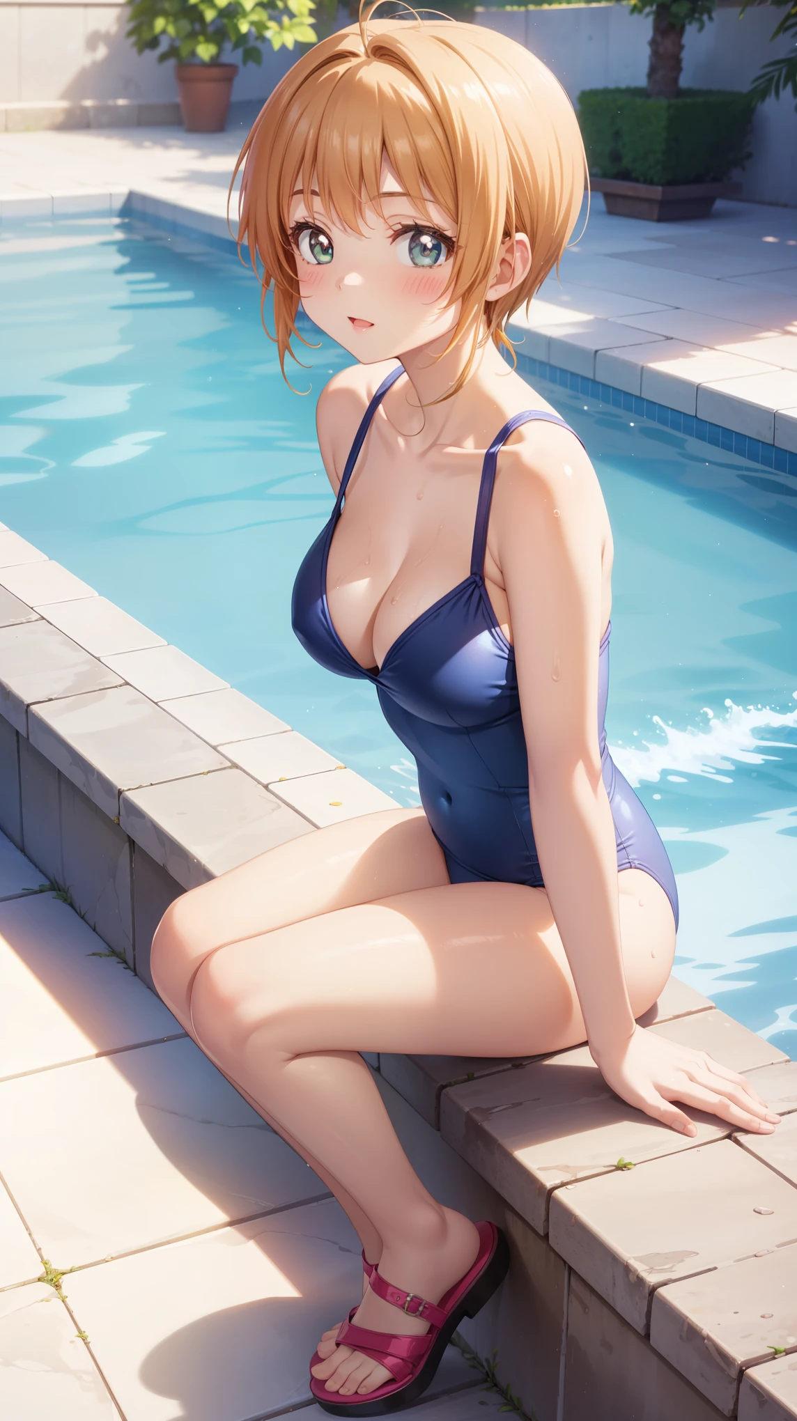 masterpiece, best quality, highres, 1girl, detailed face, blush, anime CG style, (medium breasts), (18 year old girl:1.3), (aged up), good lighting, perfect body, sakura kinomoto, glossy lips, swimsuit, sitting, pool edge, leaning forward