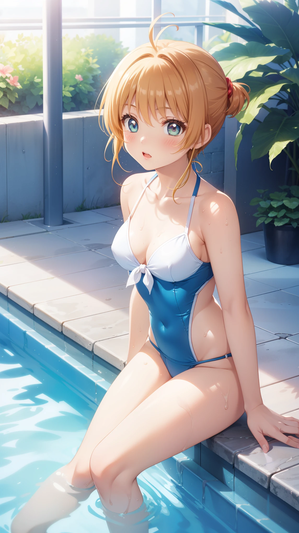 (RAW photo:1.2, photorealistic:1.3), masterpiece:1.4, best quality:1.3, Highest details:1.3, beautiful and aesthetic, extremely detailed CG unity 8k wallpaper,( vibrant colors:1.1), high resolution, (thin white school swimwear:1.5), one-piece swimwear, anime visual of a cute girl, official character art, anime girl, official art, single character full body, anime full body illustration, full body portrait of a short!, female anime character, as an anime character, a-1 pictures, full body with costume, rei hiroe, anime best girl, blond bob hair, on the midday outdoor  poolside, dynamic pose, (cameltoe:1.2), smile, 